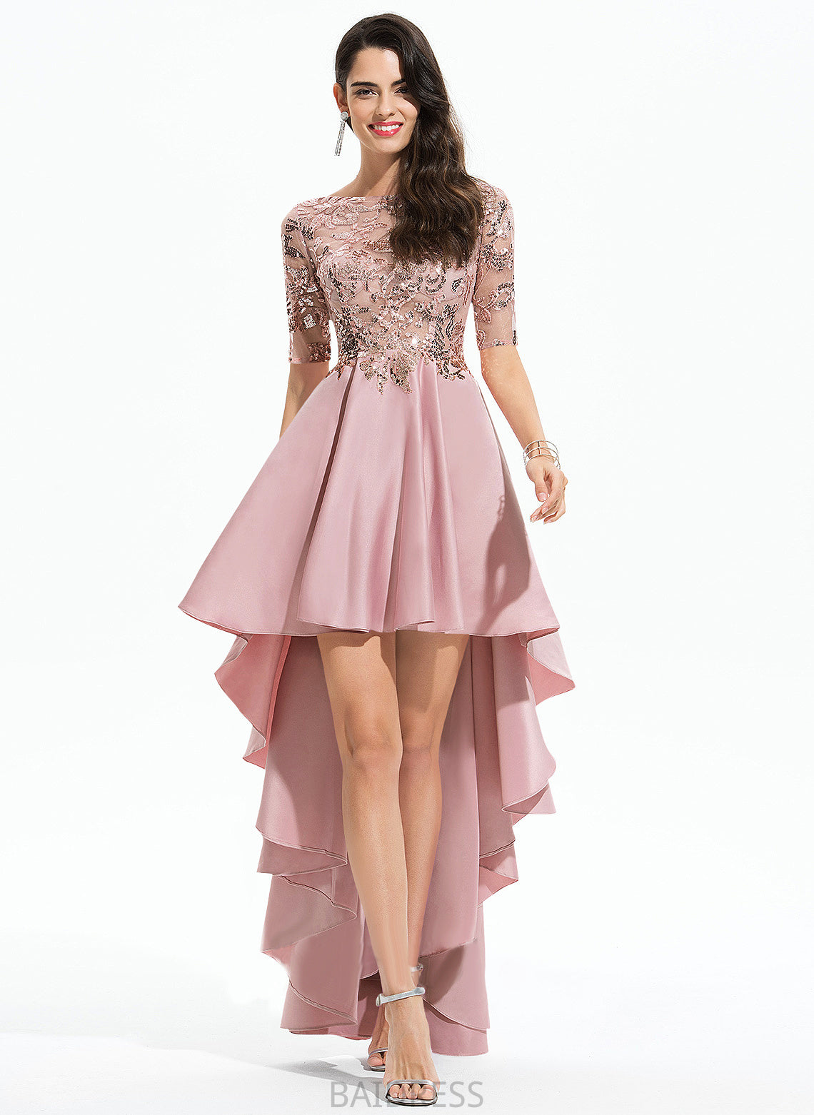 Satin Asymmetrical Neck Lace With Scoop A-Line Sequins Prom Dresses Dulce