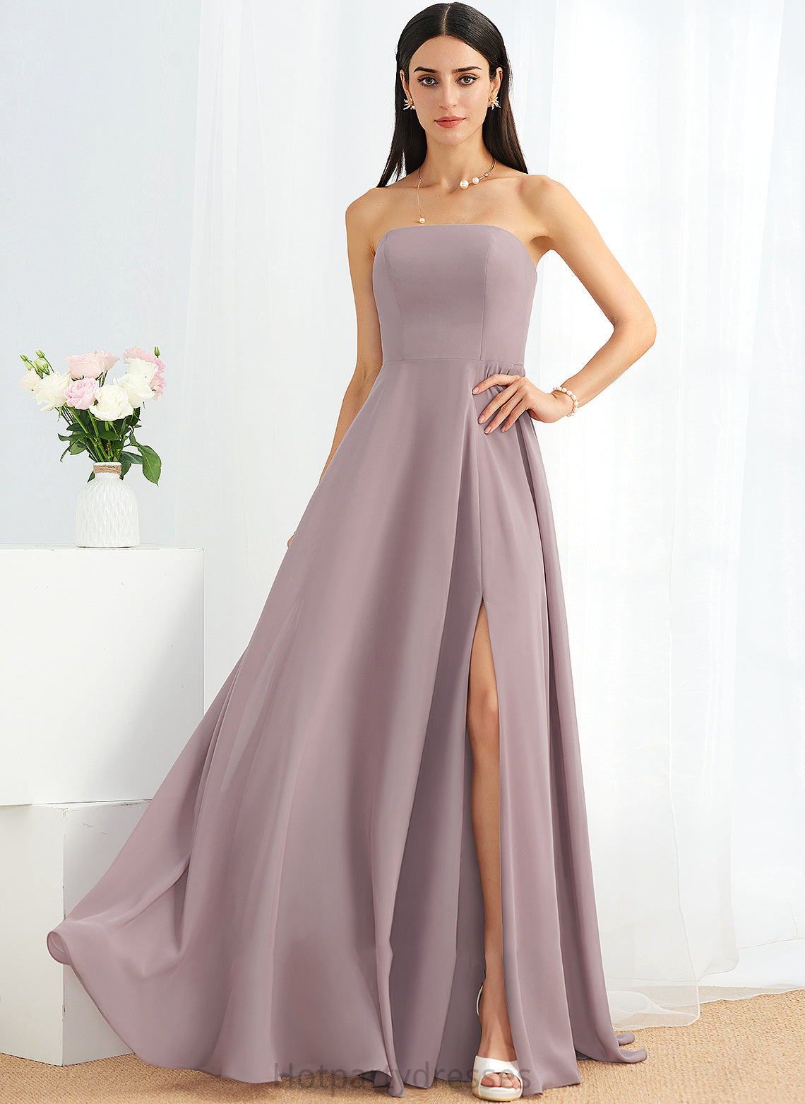Silhouette Length Strapless Floor-Length Embellishment SplitFront Neckline Fabric A-Line Cecelia A-Line/Princess Tea Length Bridesmaid Dresses