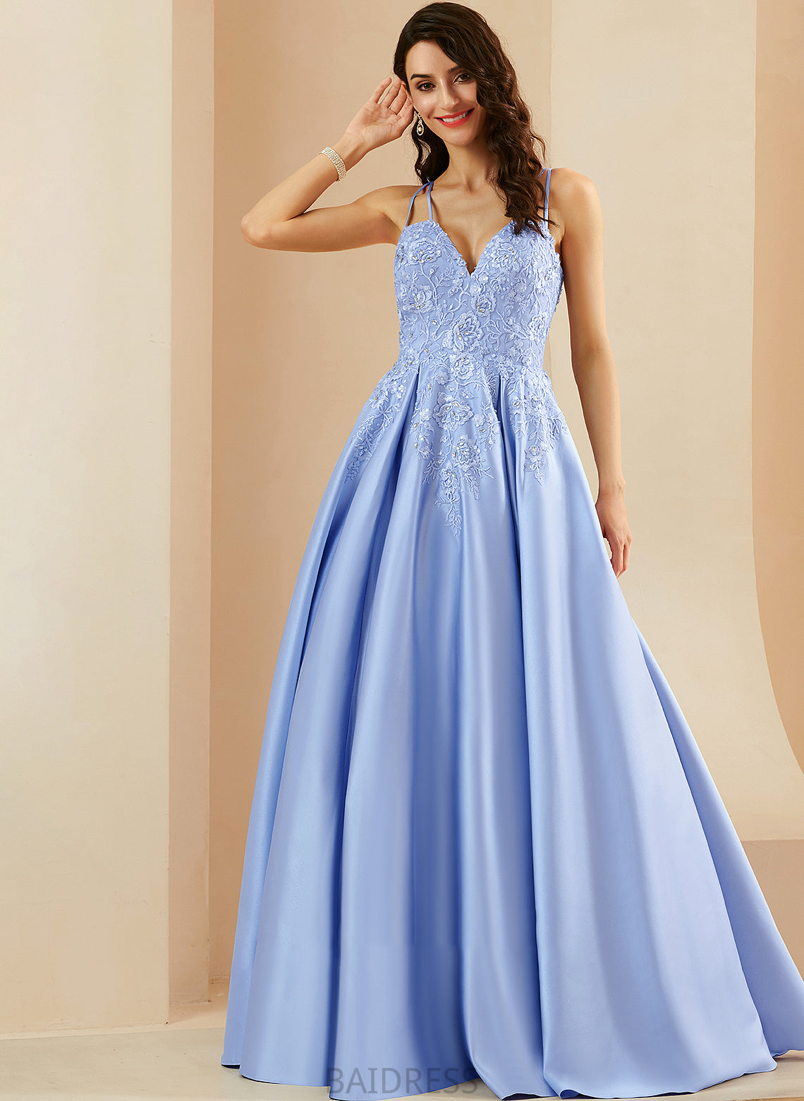 Prom Dresses Ball-Gown/Princess With V-neck Beading Satin Floor-Length Sequins Skyler