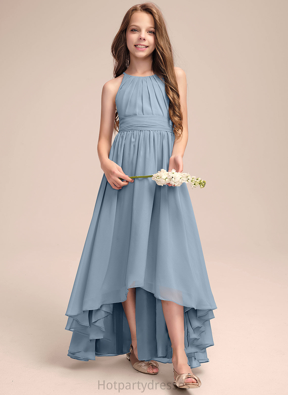 Bow(s) Livia Neck Asymmetrical With Scoop Chiffon A-Line Ruffle Junior Bridesmaid Dresses