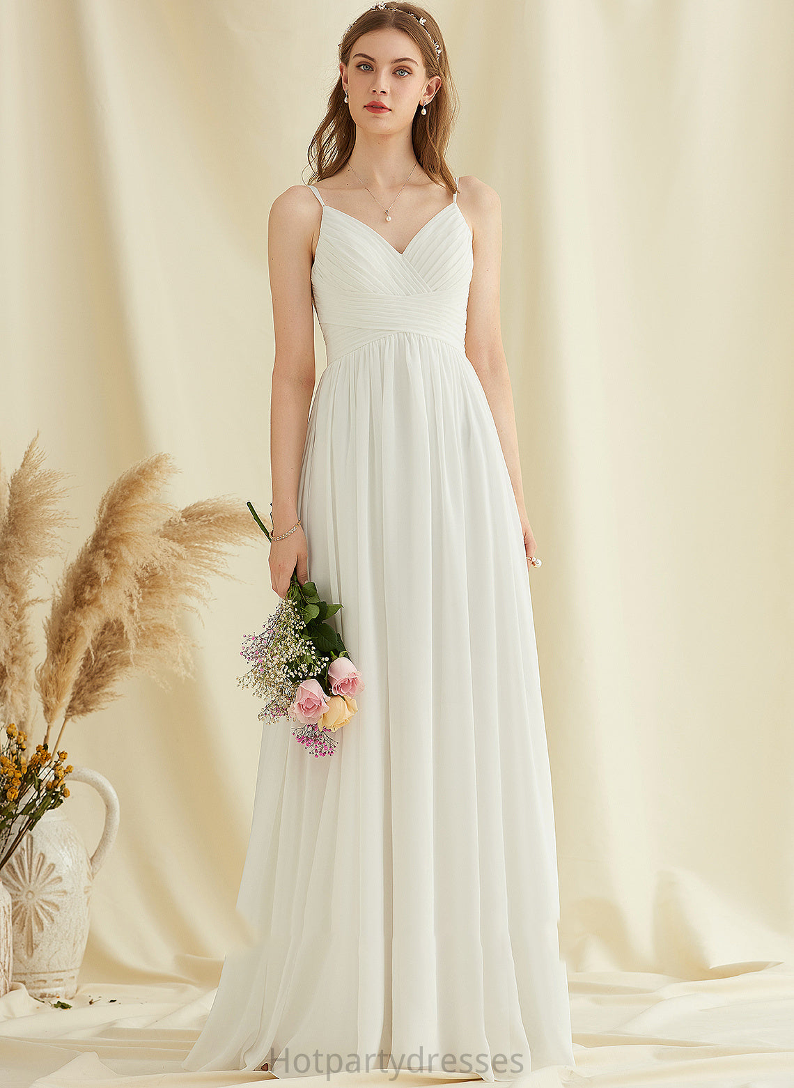 Wedding Dresses With A-Line Dress Lace V-neck Janet Floor-Length Wedding Chiffon