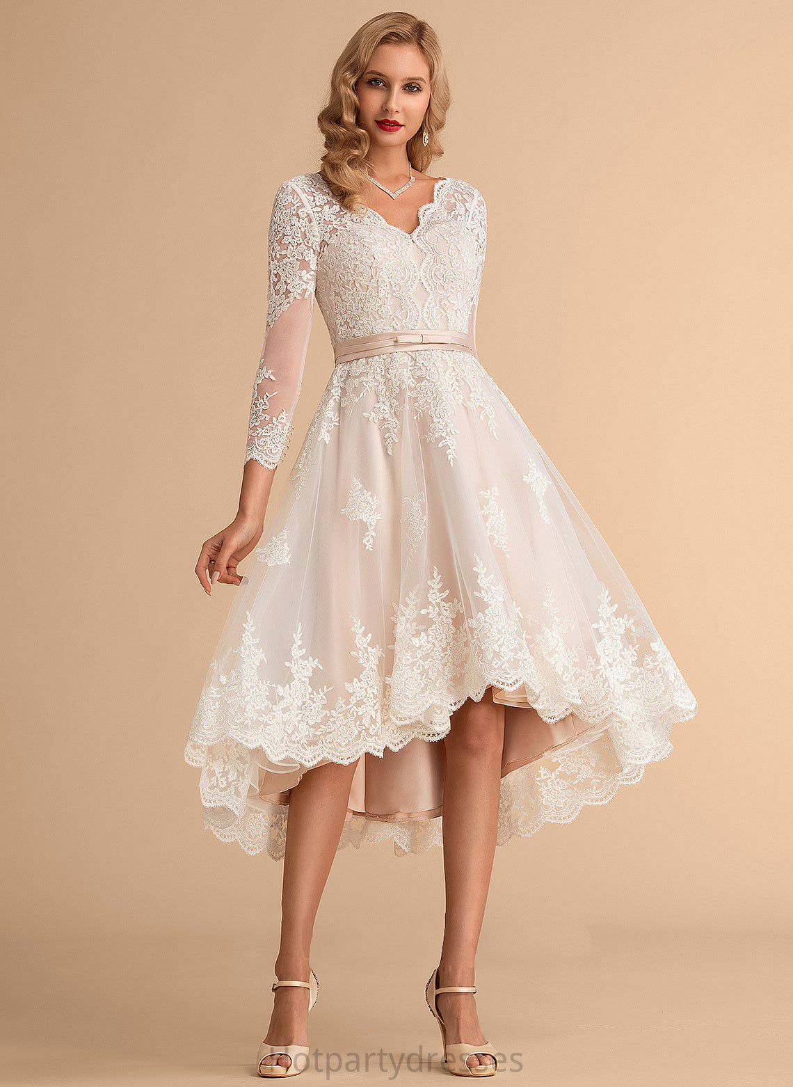 Lace Tulle Wedding Dresses A-Line Wedding Dress V-neck Asymmetrical Yoselin Satin