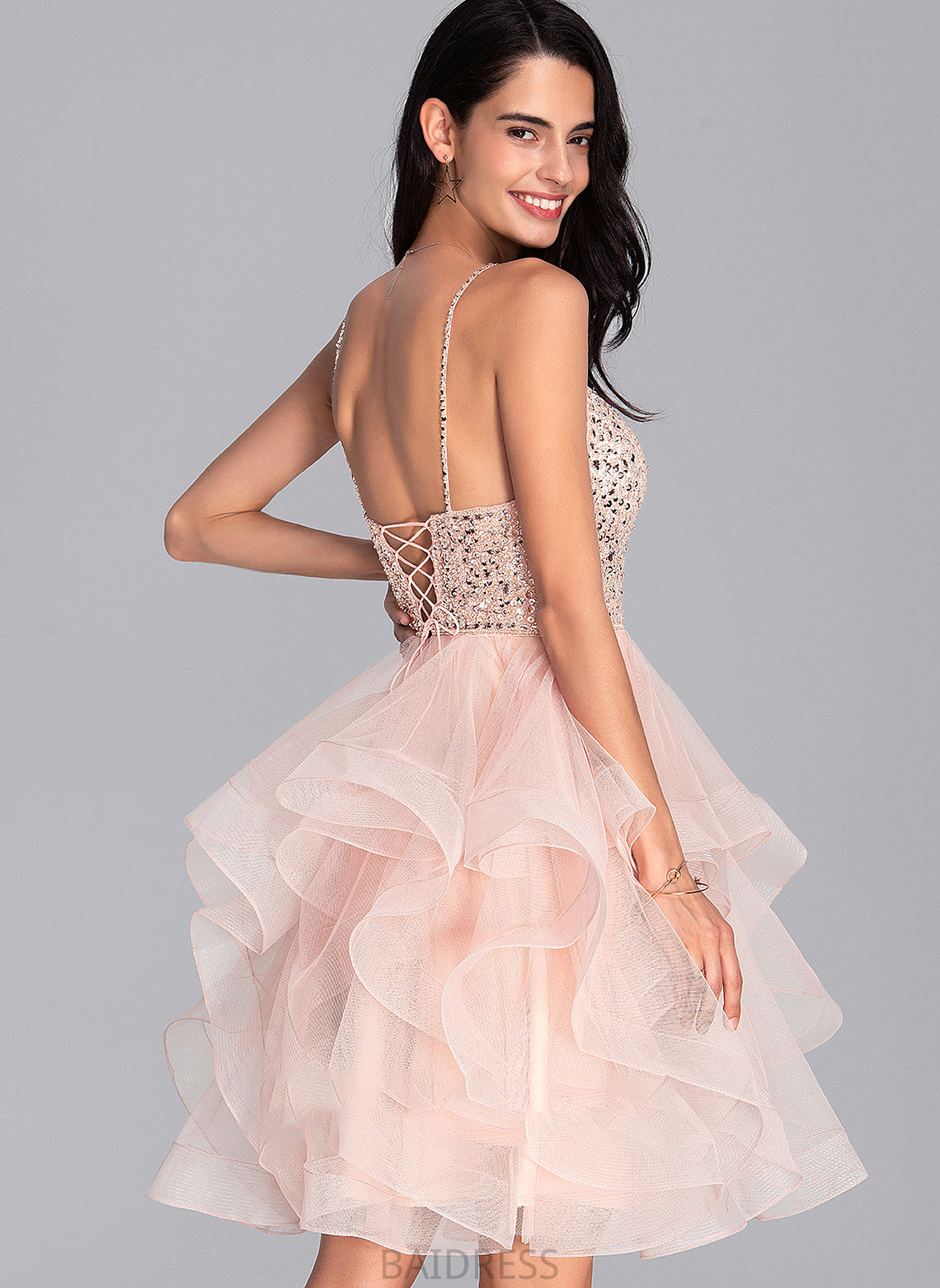 Ball-Gown/Princess Knee-Length Prom Dresses Beading V-neck Tulle With Sequins Scarlett
