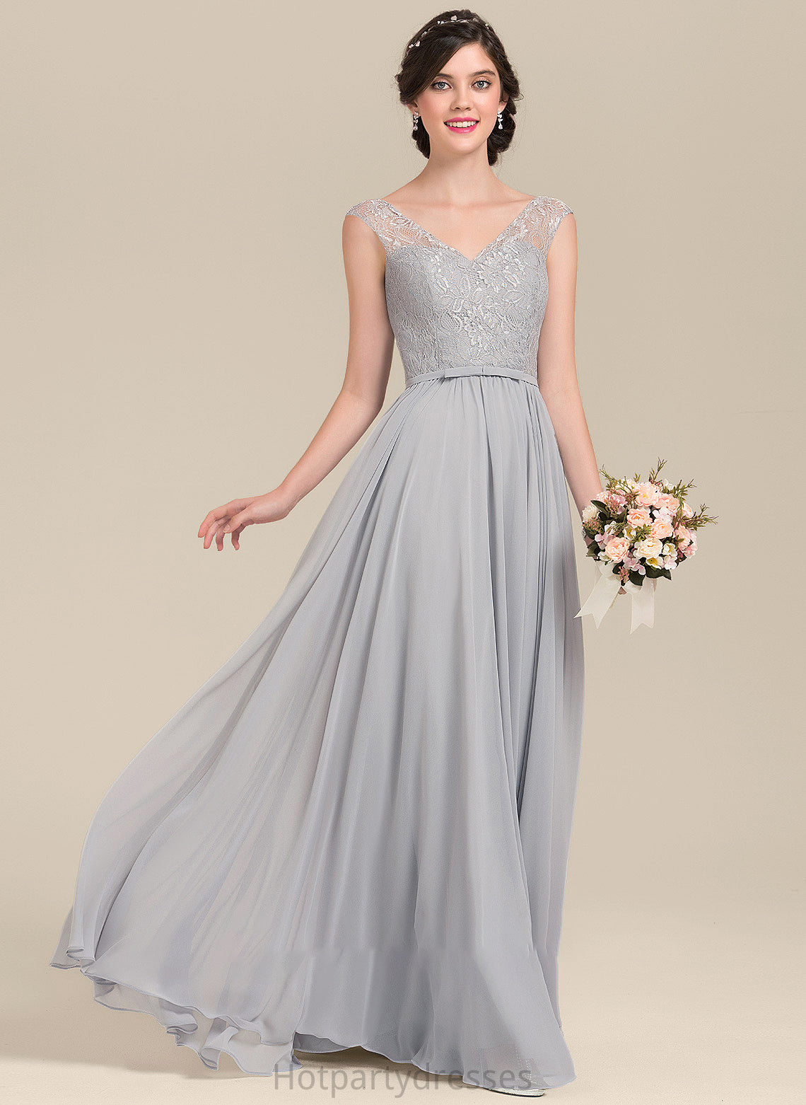 Bow(s) Fabric Floor-Length Silhouette Length Embellishment A-Line Neckline V-neck Jimena V-Neck Sleeveless Bridesmaid Dresses