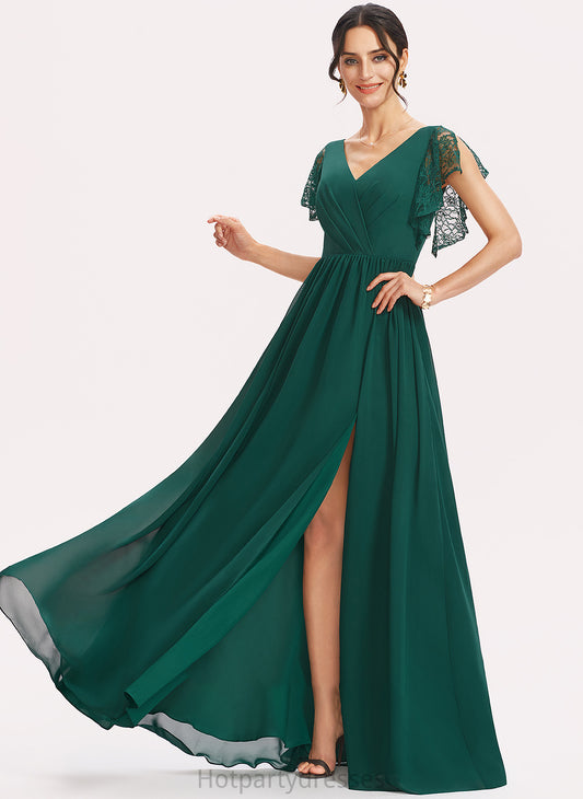 V-neck Length A-Line Lace Silhouette Embellishment Fabric Neckline SplitFront Floor-Length Carley Trumpet/Mermaid Bridesmaid Dresses