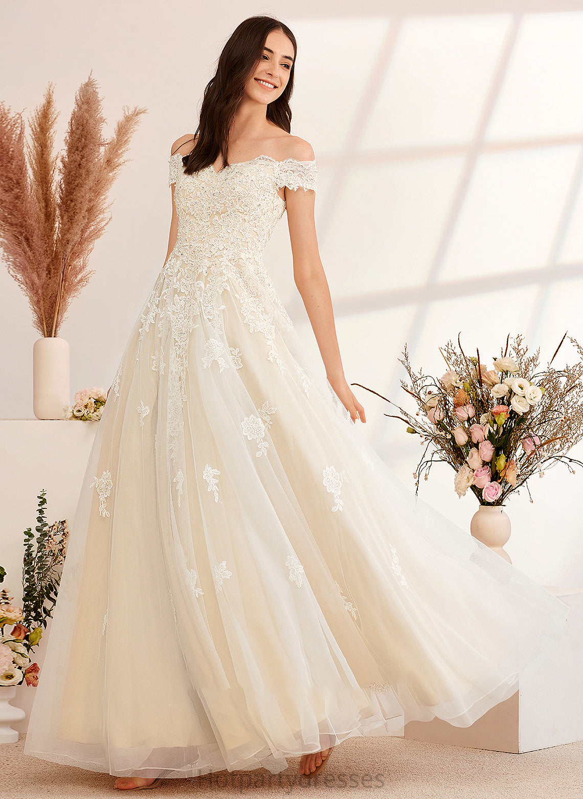Floor-Length Wedding With Ball-Gown/Princess Beading Alena Sequins Wedding Dresses Off-the-Shoulder Dress