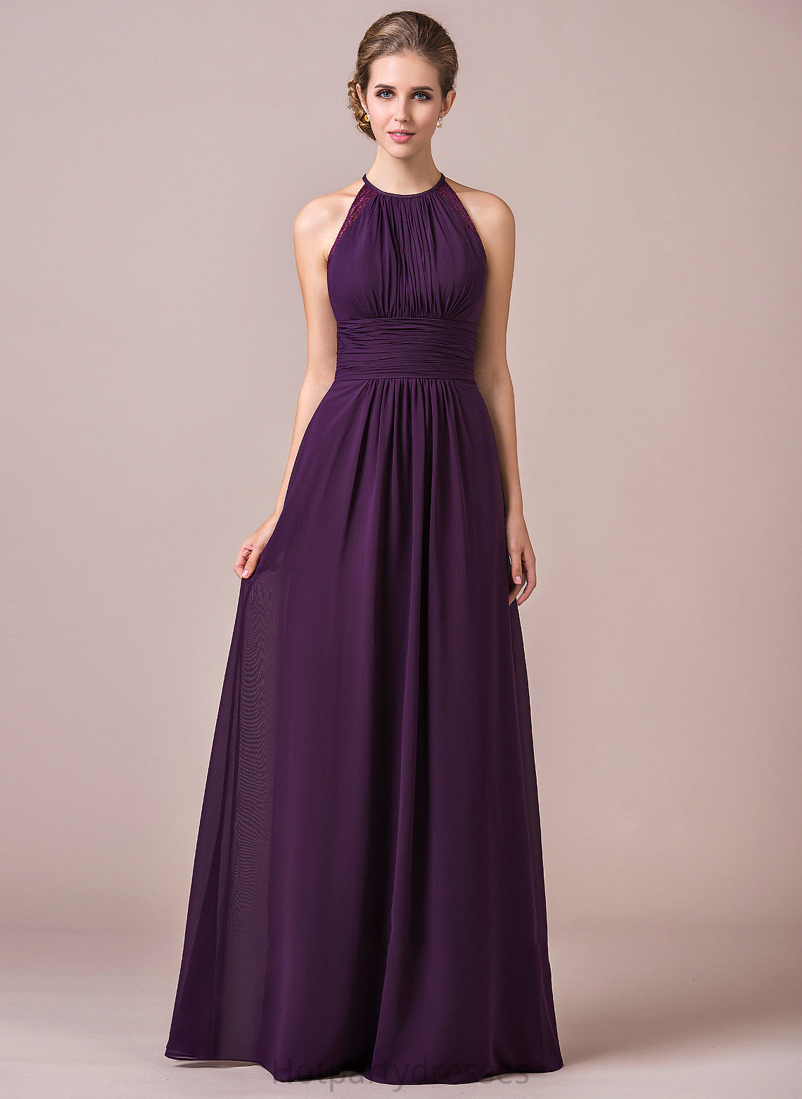 Fabric Neckline A-Line Halter Lace Length Floor-Length Ruffle Embellishment Silhouette Jadyn Sleeveless Bridesmaid Dresses