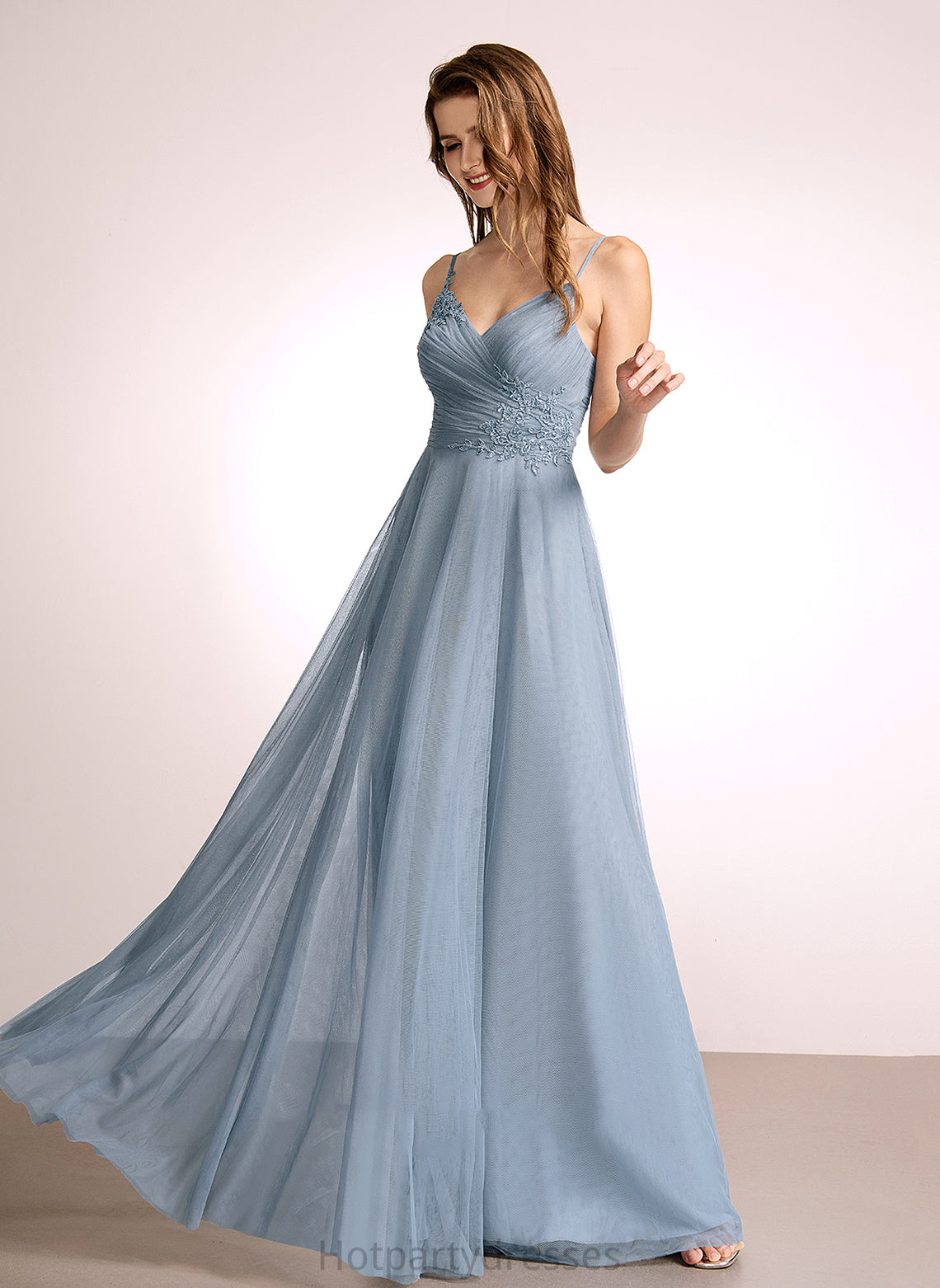 A-Line Length Silhouette V-neck Fabric Embellishment Lace Floor-Length Neckline Marisa Spaghetti Staps Natural Waist Bridesmaid Dresses