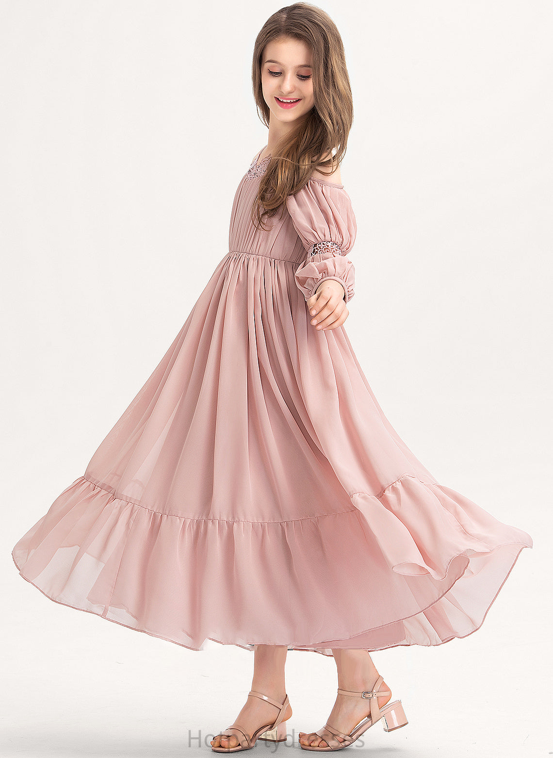Lace Junior Bridesmaid Dresses Ankle-Length With Ruffle Chiffon A-Line Square Neckline Shelby