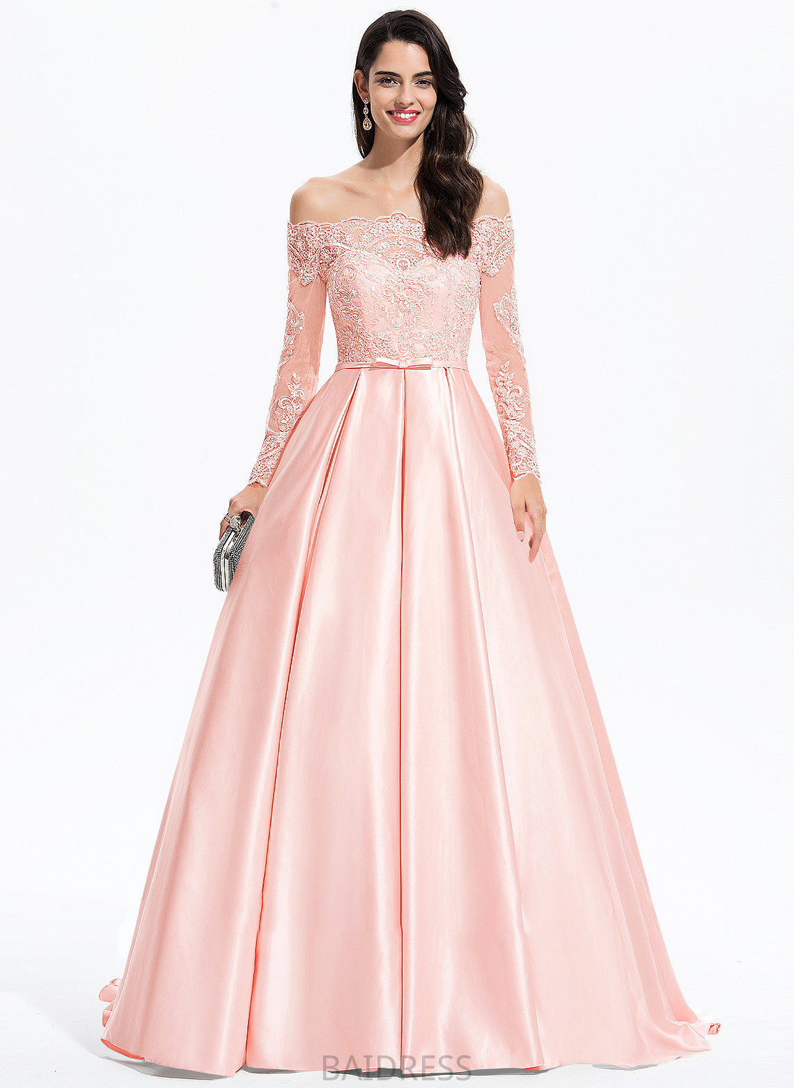 Satin Giovanna Ball-Gown/Princess Prom Dresses Off-the-Shoulder Sweep With Bow(s) Train