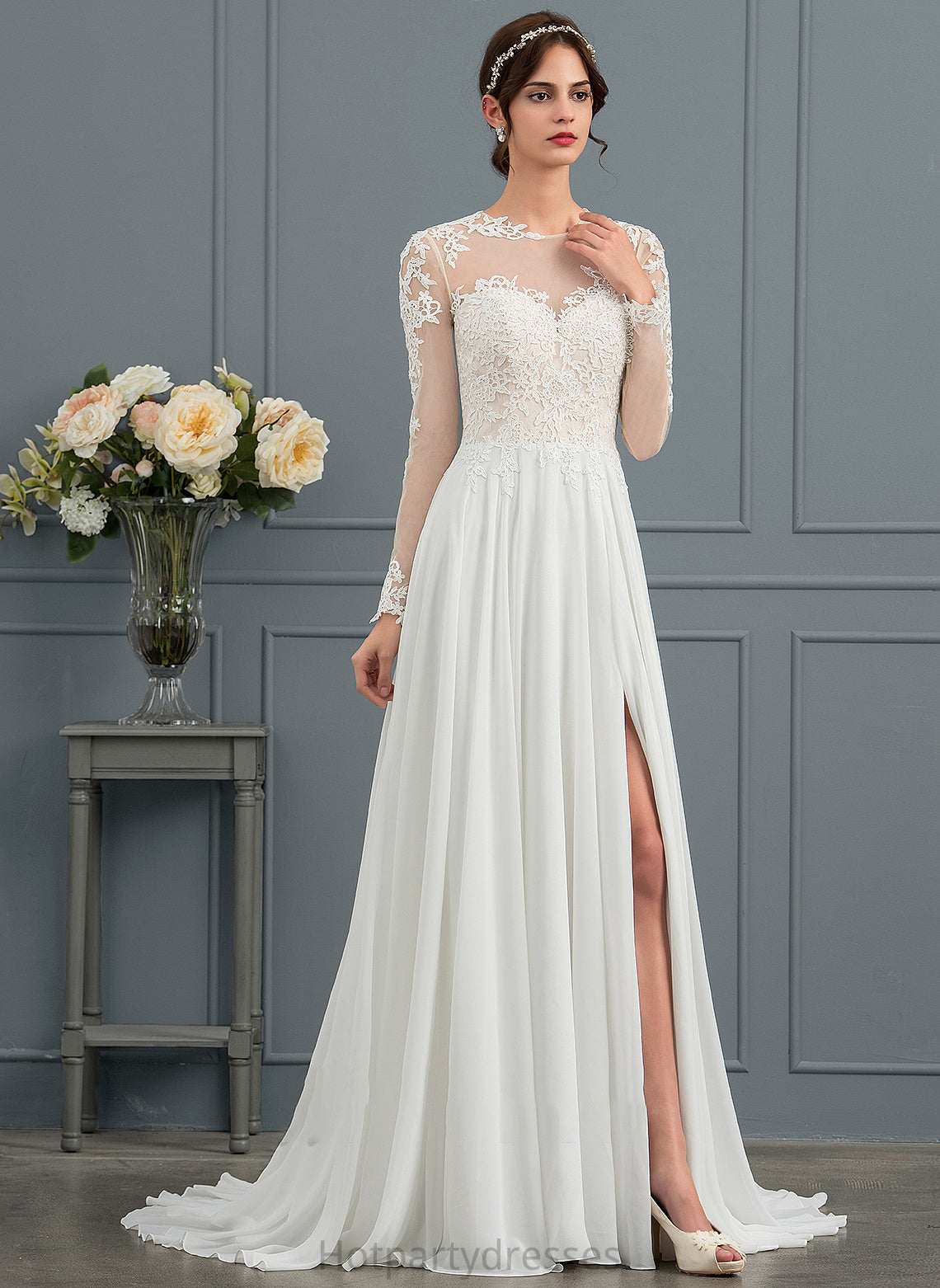 Illusion Chiffon A-Line Wedding Wedding Dresses Dress Sweep With Appliques Raven Front Lace Train Split