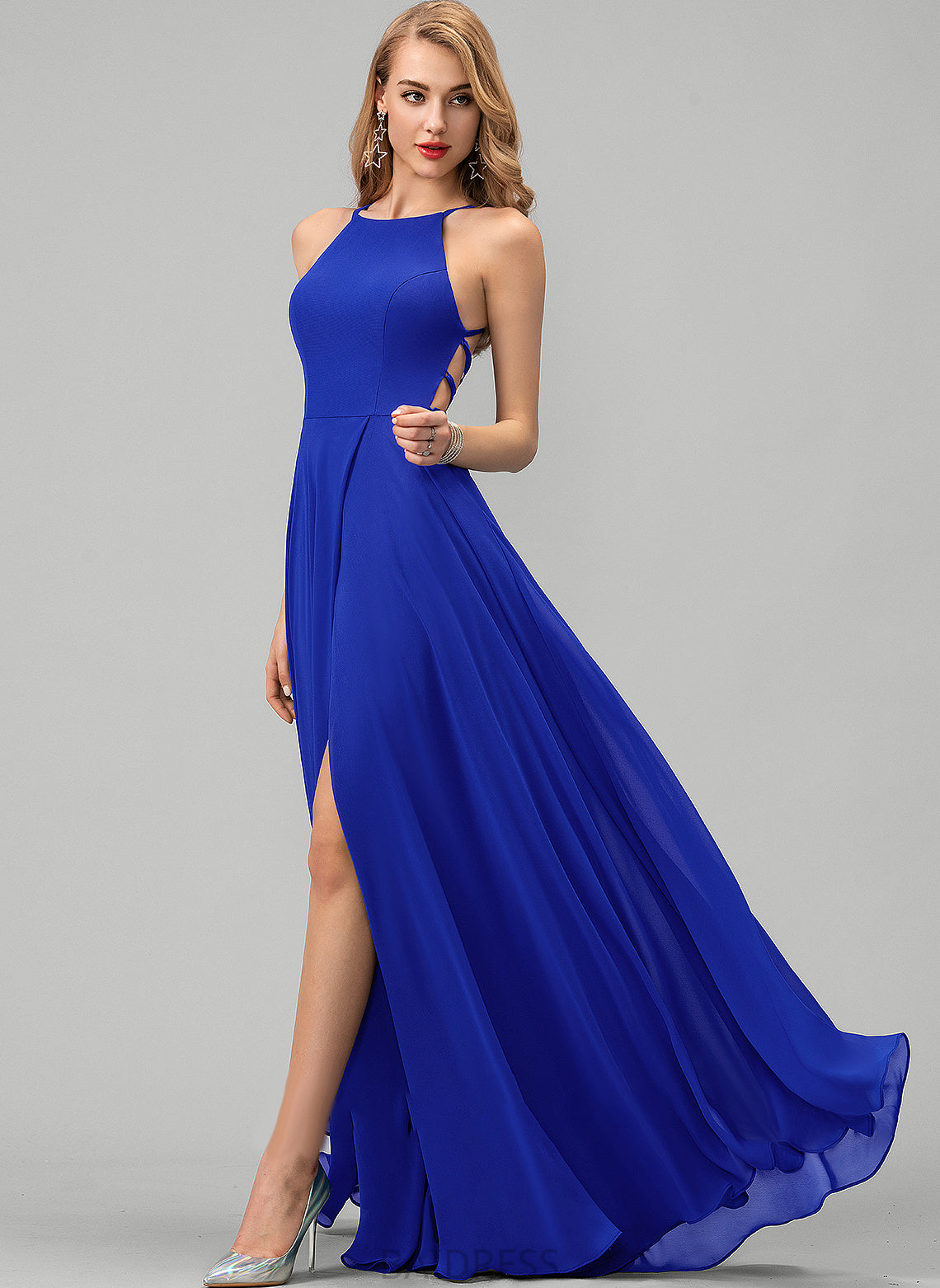 Front Neck Split Scoop Chiffon Prom Dresses Floor-Length With A-Line Holly