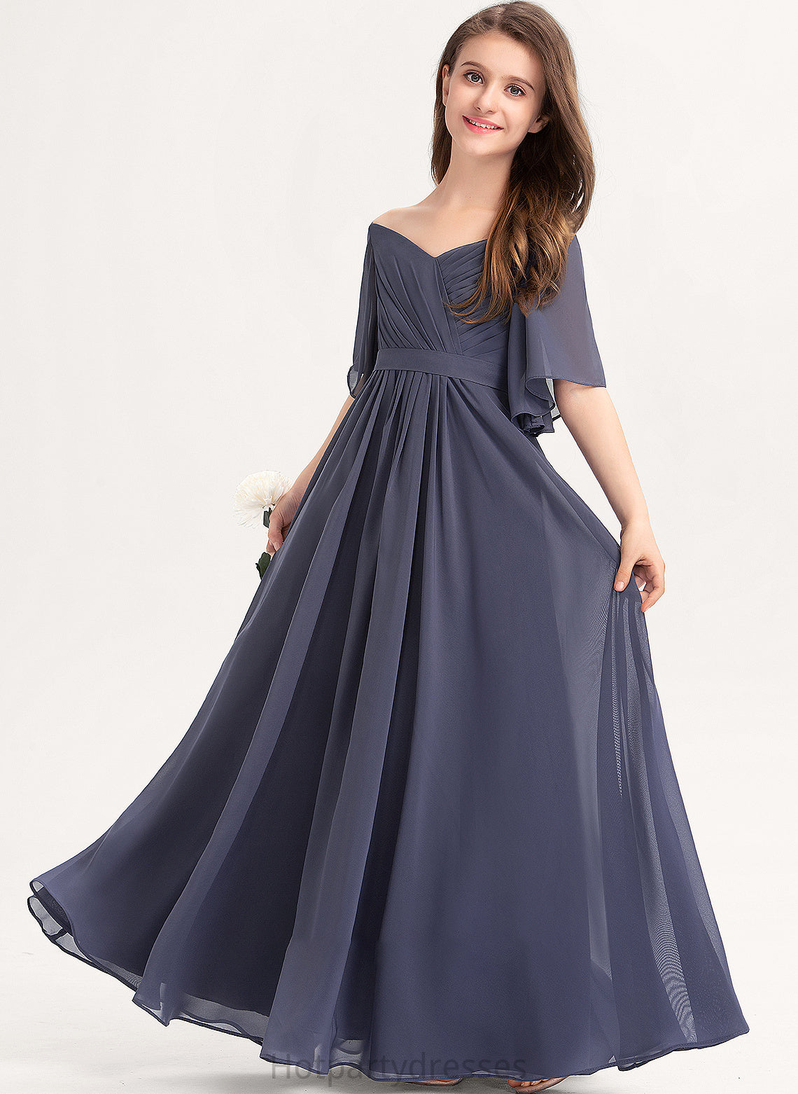 Ruffle Floor-Length Jaelyn Chiffon A-Line Off-the-Shoulder Junior Bridesmaid Dresses With Bow(s)