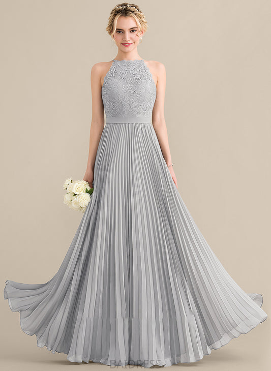 A-Line With Neck Chiffon Kaydence Floor-Length Scoop Lace Prom Dresses Pleated