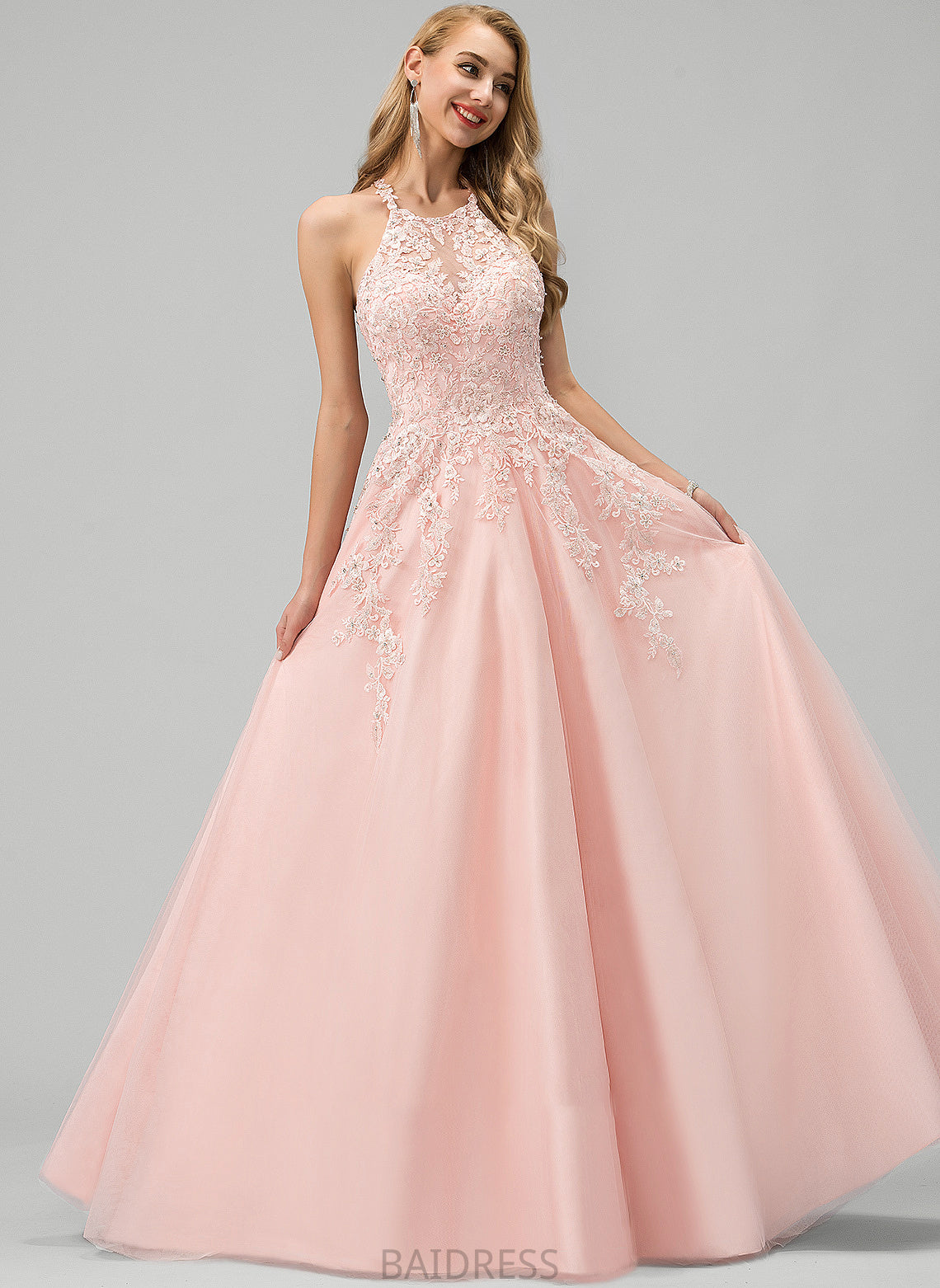 With Ball-Gown/Princess Ashanti Tulle Floor-Length Sequins Prom Dresses Neck Beading Lace Scoop