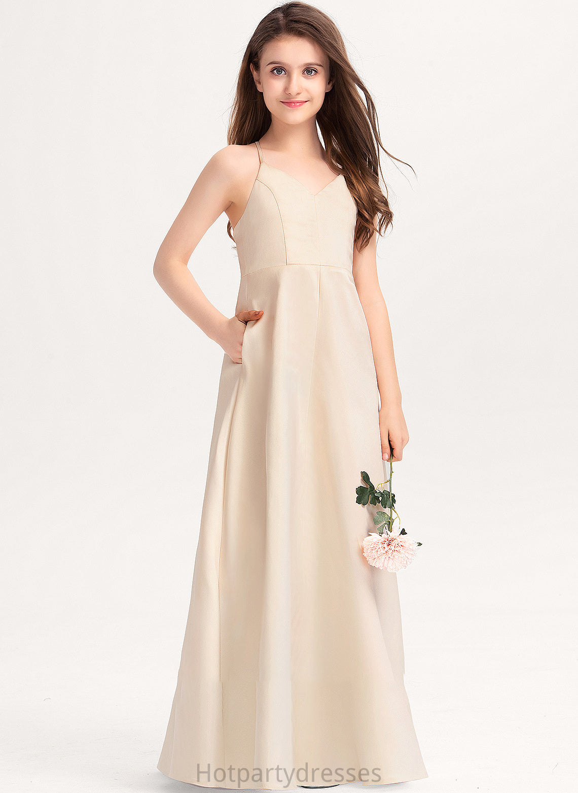 V-neck Floor-Length Adelaide Junior Bridesmaid Dresses Pockets Satin With A-Line