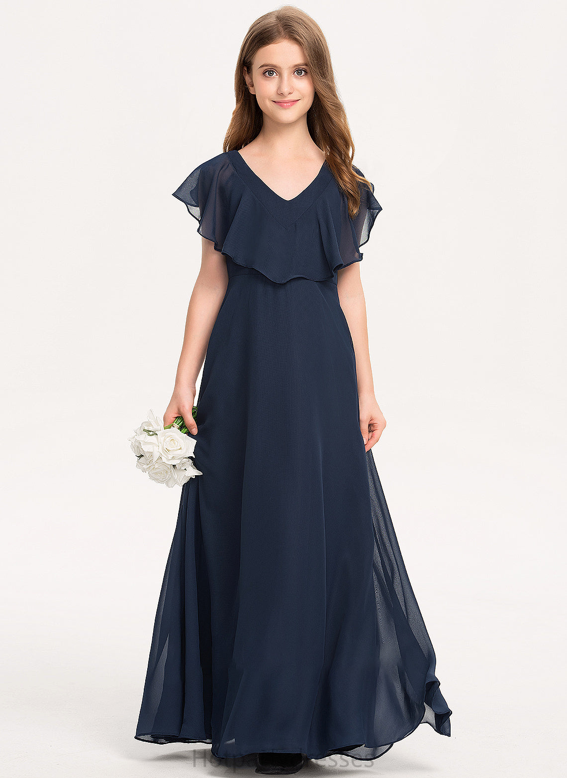 Floor-Length V-neck Junior Bridesmaid Dresses A-Line Chiffon Carmen