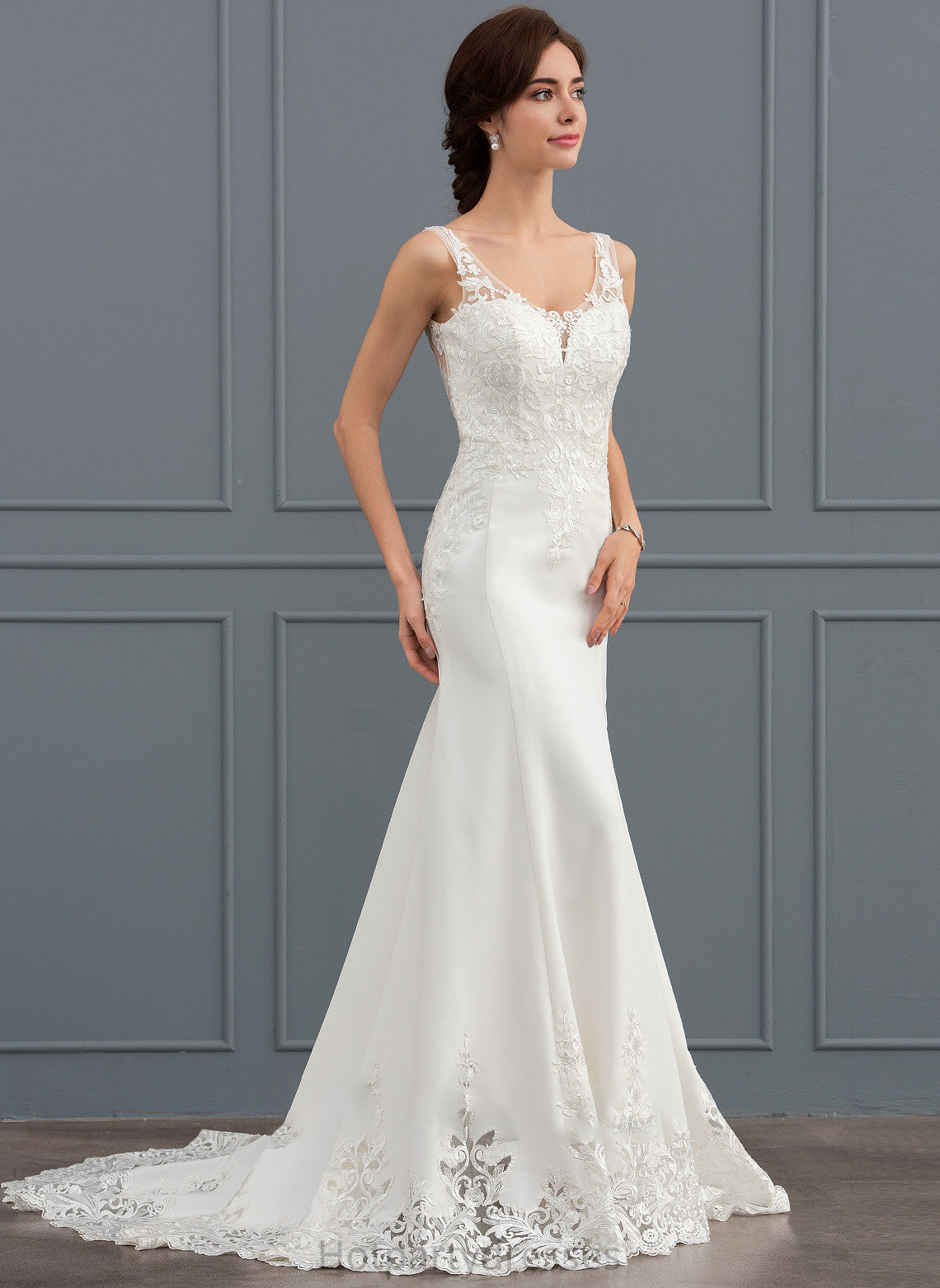 Wedding Dresses Crepe V-neck Wedding Trumpet/Mermaid Jocelyn Train Sequins With Lace Stretch Dress Court