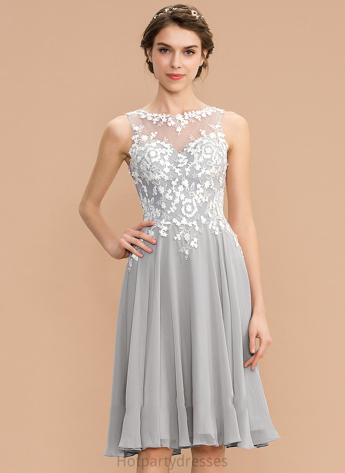 Fabric Length Neckline Straps Silhouette Lace A-Line ScoopNeck Knee-Length Gracelyn Sleeveless Natural Waist Bridesmaid Dresses