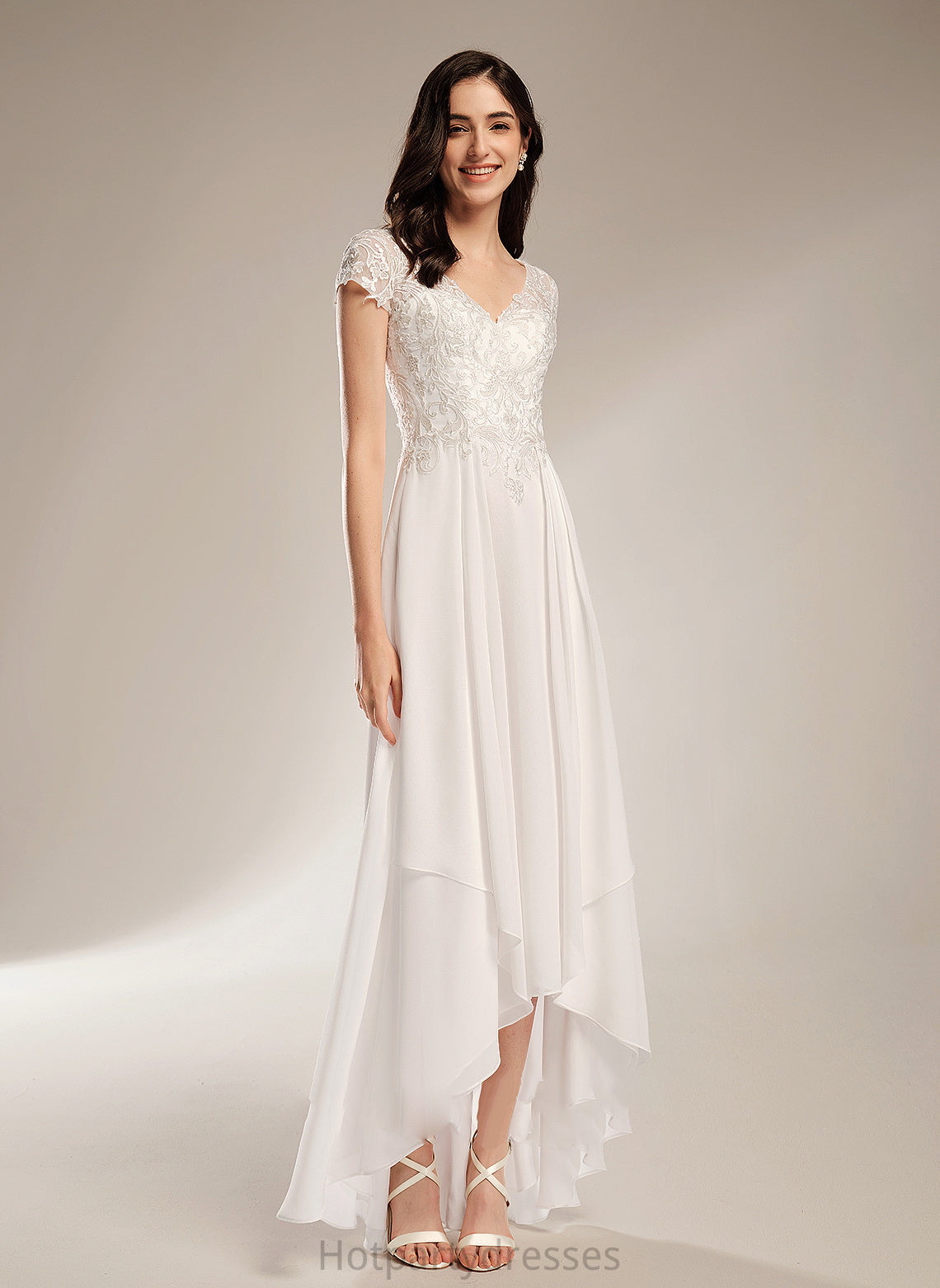 Kay Wedding V-neck Lace A-Line Asymmetrical Dress Wedding Dresses With