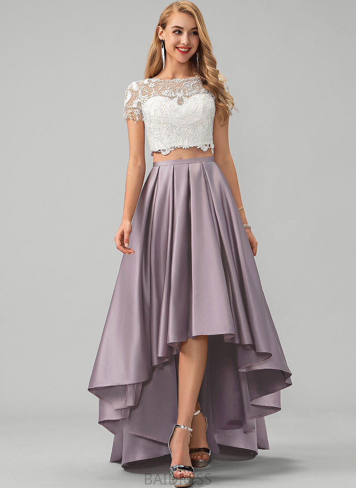 Asymmetrical With Satin Lace Prom Dresses Neck Scoop Pockets Allisson A-Line
