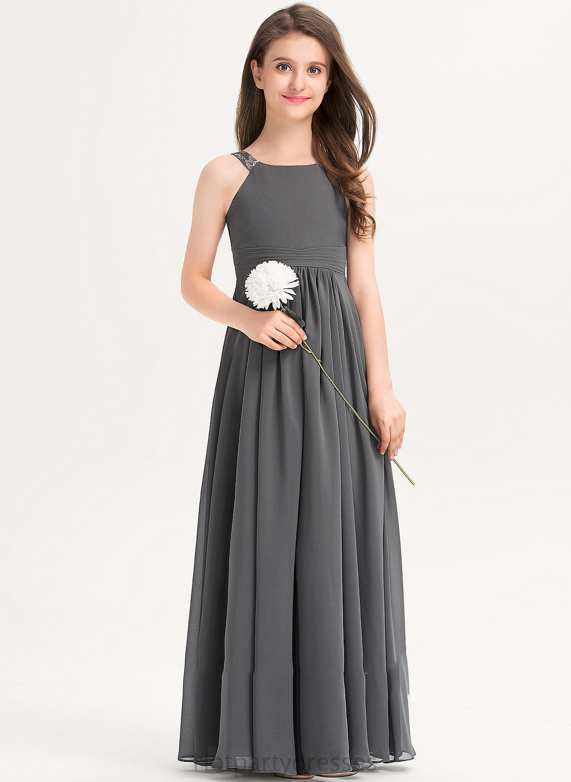 With Lace Scoop Chiffon Neck Floor-Length Ruffle Junior Bridesmaid Dresses A-Line Lina