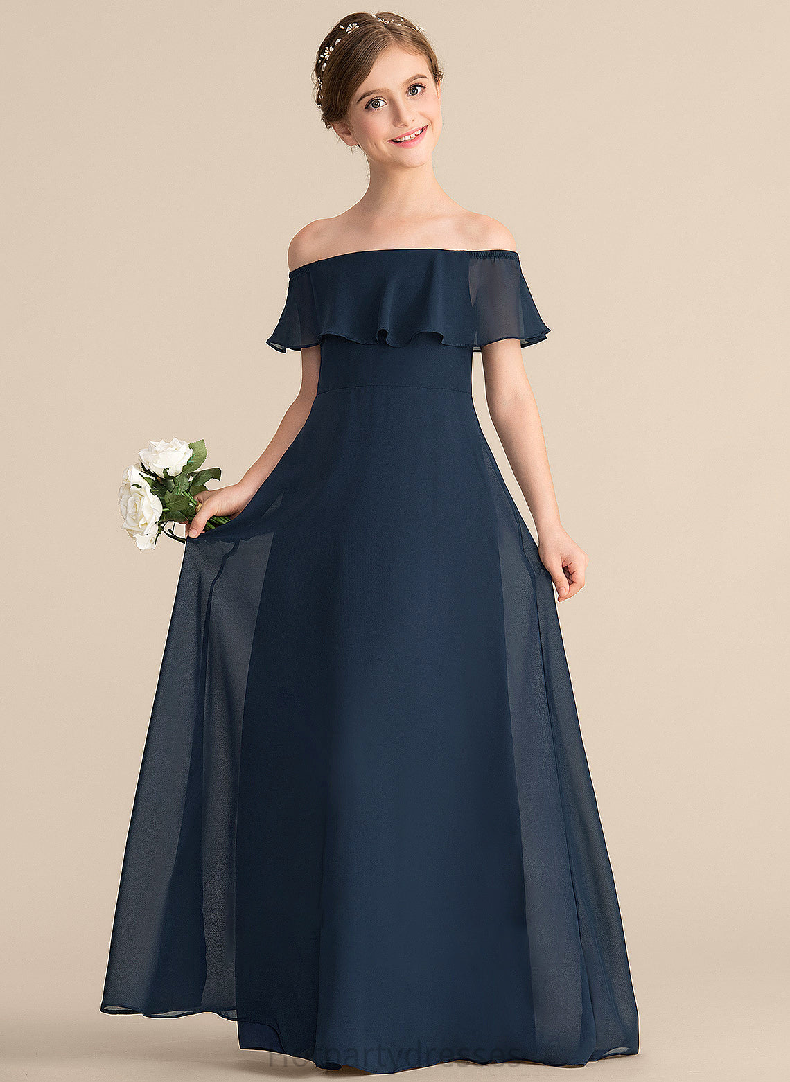 With Off-the-Shoulder Chiffon Cascading Ruffles Floor-Length A-Line Junior Bridesmaid Dresses Cherish
