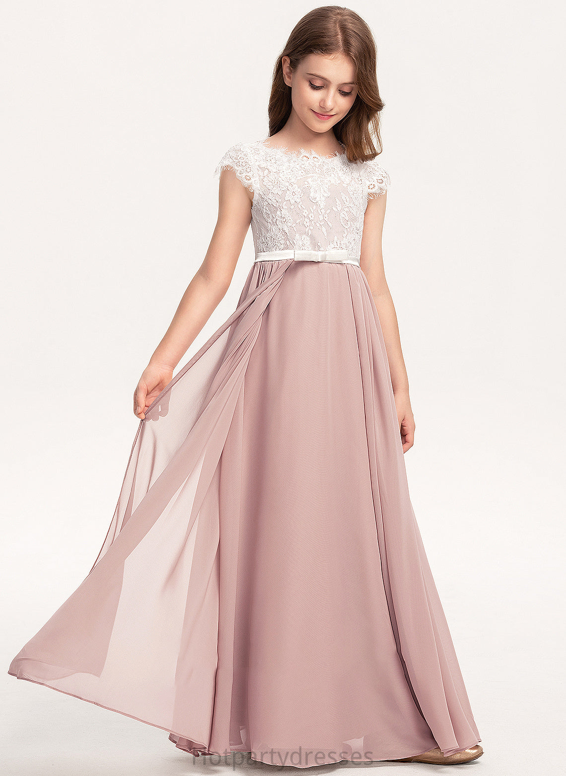 Lace Neck A-Line Bow(s) Chiffon Junior Bridesmaid Dresses Gabrielle Floor-Length Scoop With