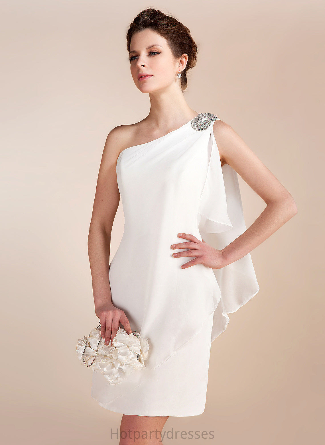 Dress One-Shoulder Cascading Sheath/Column Chiffon With Ruffles Short/Mini Halle Wedding Beading Wedding Dresses