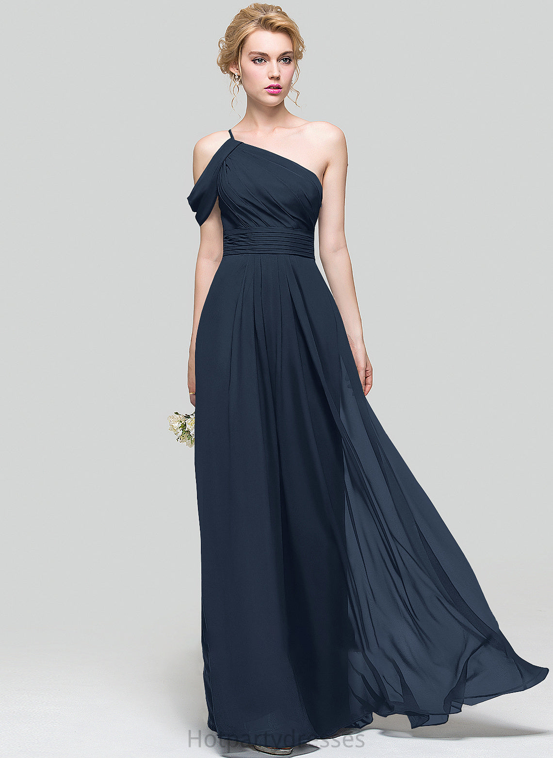 Ruffle Floor-Length Fabric A-Line Neckline Embellishment Silhouette One-Shoulder Length Olivia Sleeveless Natural Waist Bridesmaid Dresses