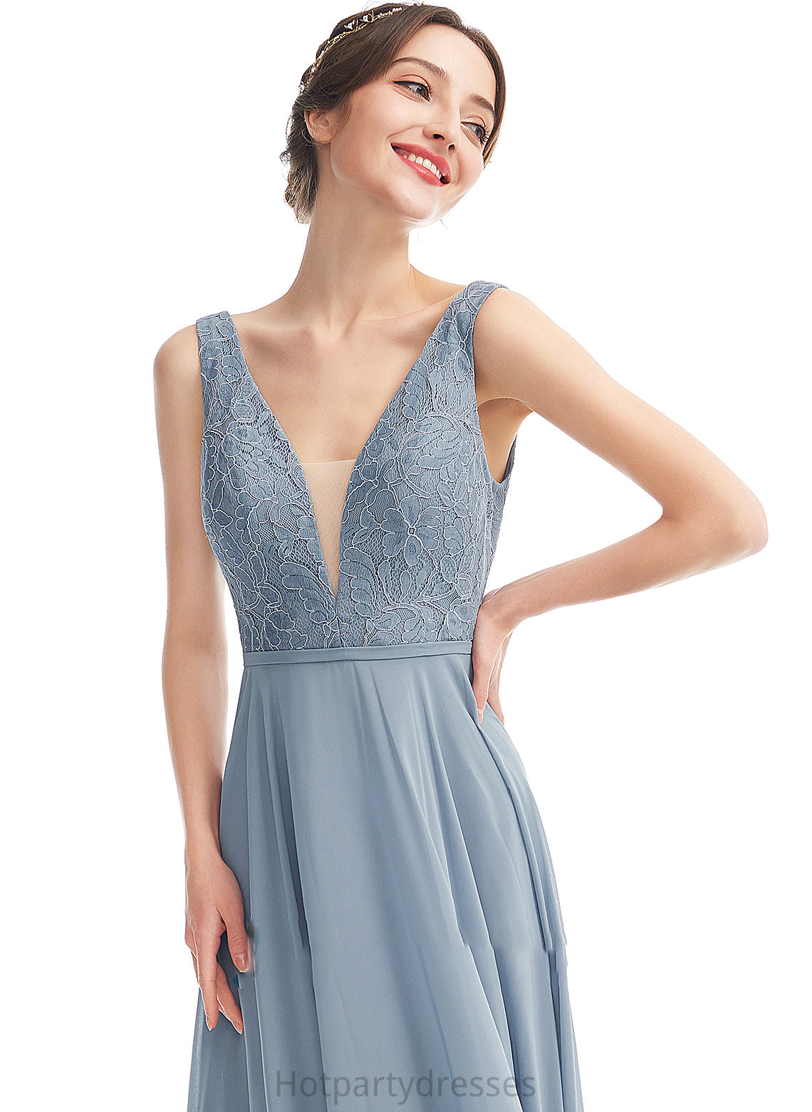 Neckline Fabric Floor-Length Length Straps V-neck A-Line Lace Silhouette Bailey Halter Floor Length Bridesmaid Dresses