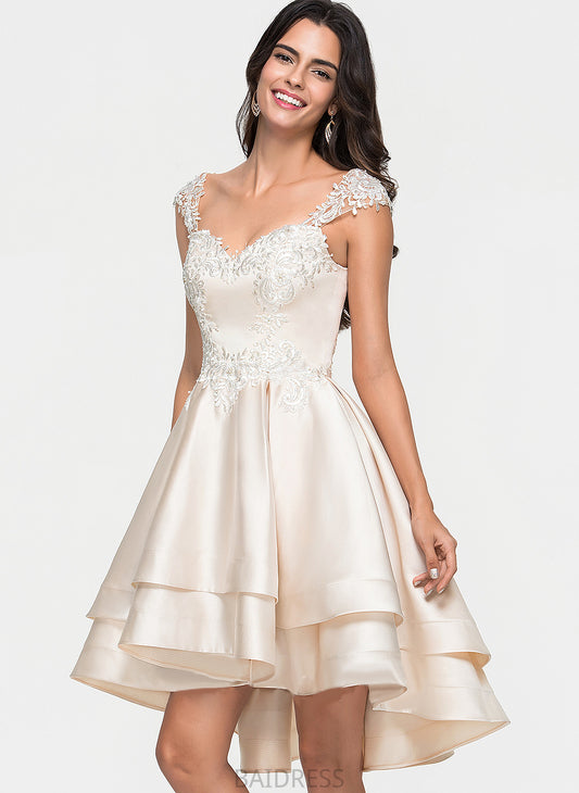 Sweetheart Asymmetrical A-Line Satin Prom Dresses Cascading With Beading Ruffles Claudia Lace