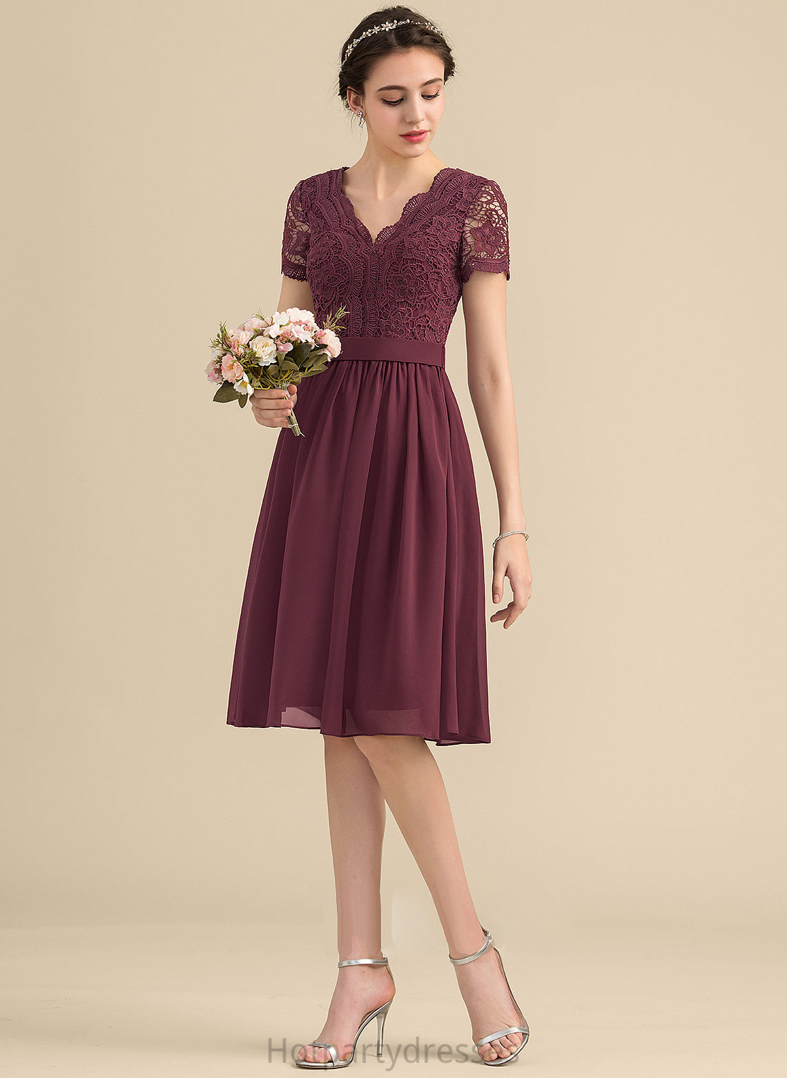 Knee-Length Neckline A-Line V-neck Lace Silhouette Length Straps Fabric Asia Floor Length Sleeveless Bridesmaid Dresses
