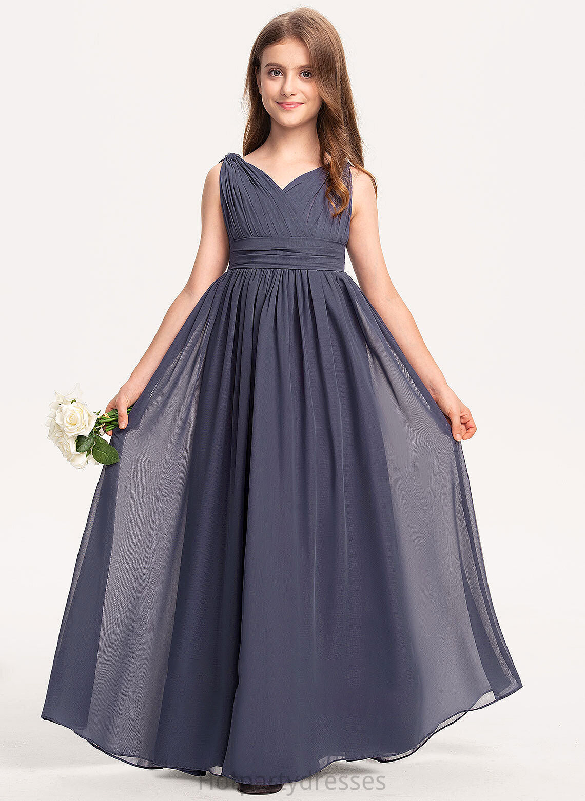 V-neck With Madilynn A-Line Chiffon Ruffle Floor-Length Junior Bridesmaid Dresses