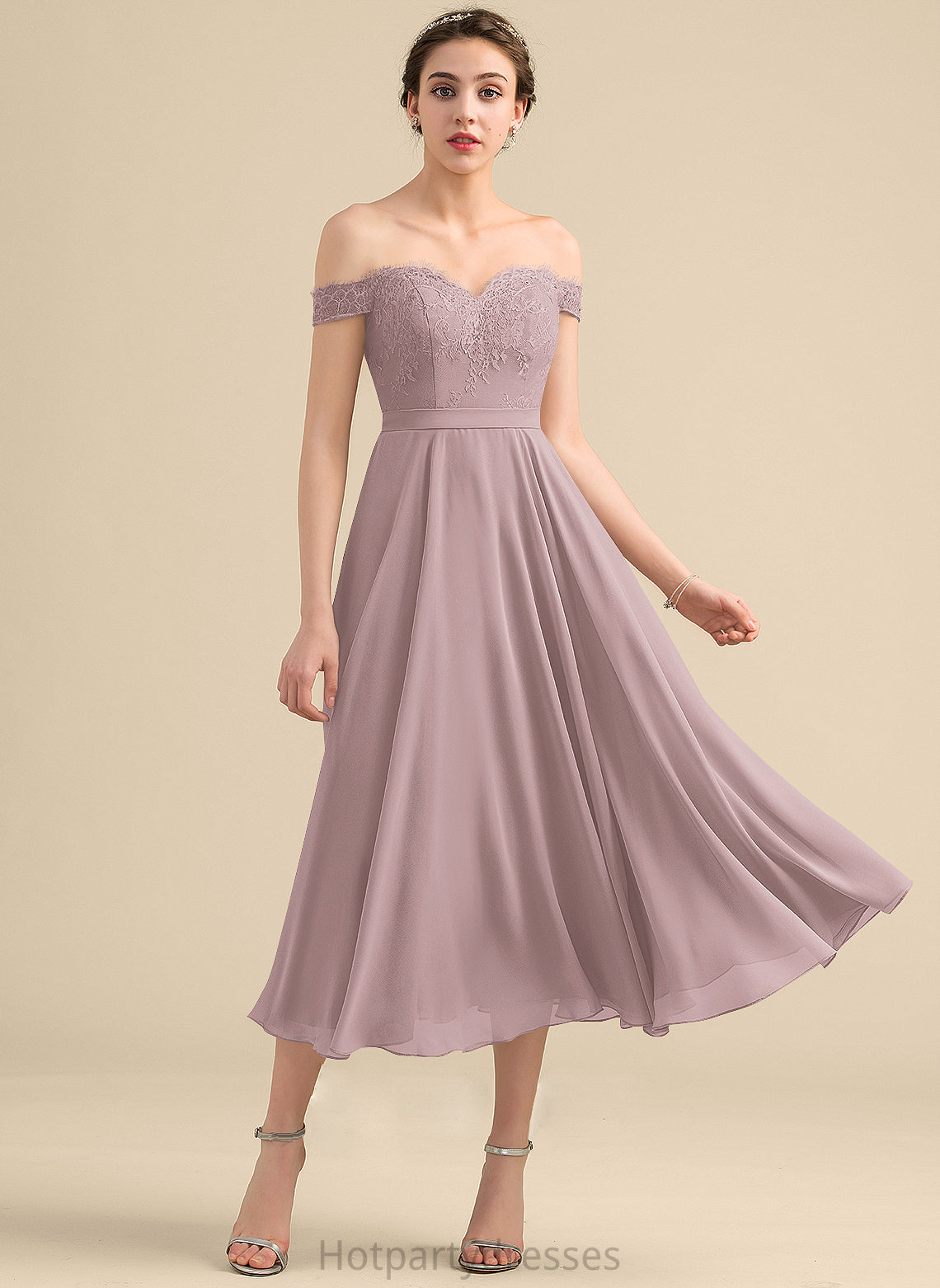 Beading Neckline Off-the-Shoulder Sequins Silhouette Fabric Embellishment A-Line Length Tea-Length Leyla A-Line/Princess Bridesmaid Dresses