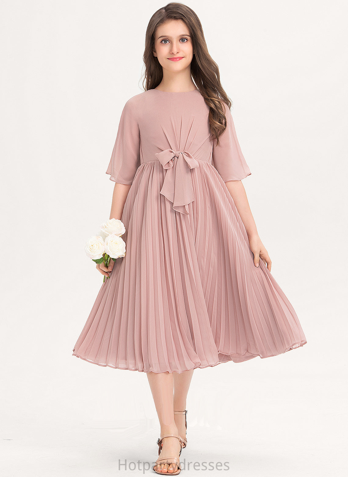 Pleated With Angeline Bow(s) Junior Bridesmaid Dresses A-Line Neck Chiffon Knee-Length Scoop