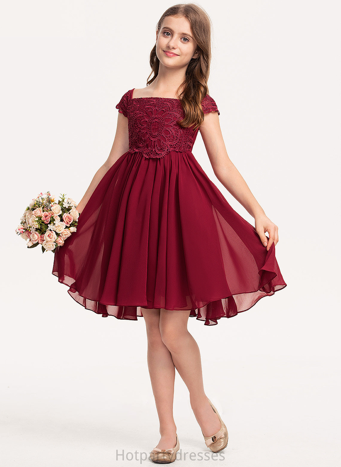 Knee-Length A-Line Off-the-Shoulder Chiffon Junior Bridesmaid Dresses Lace Willow With Bow(s)
