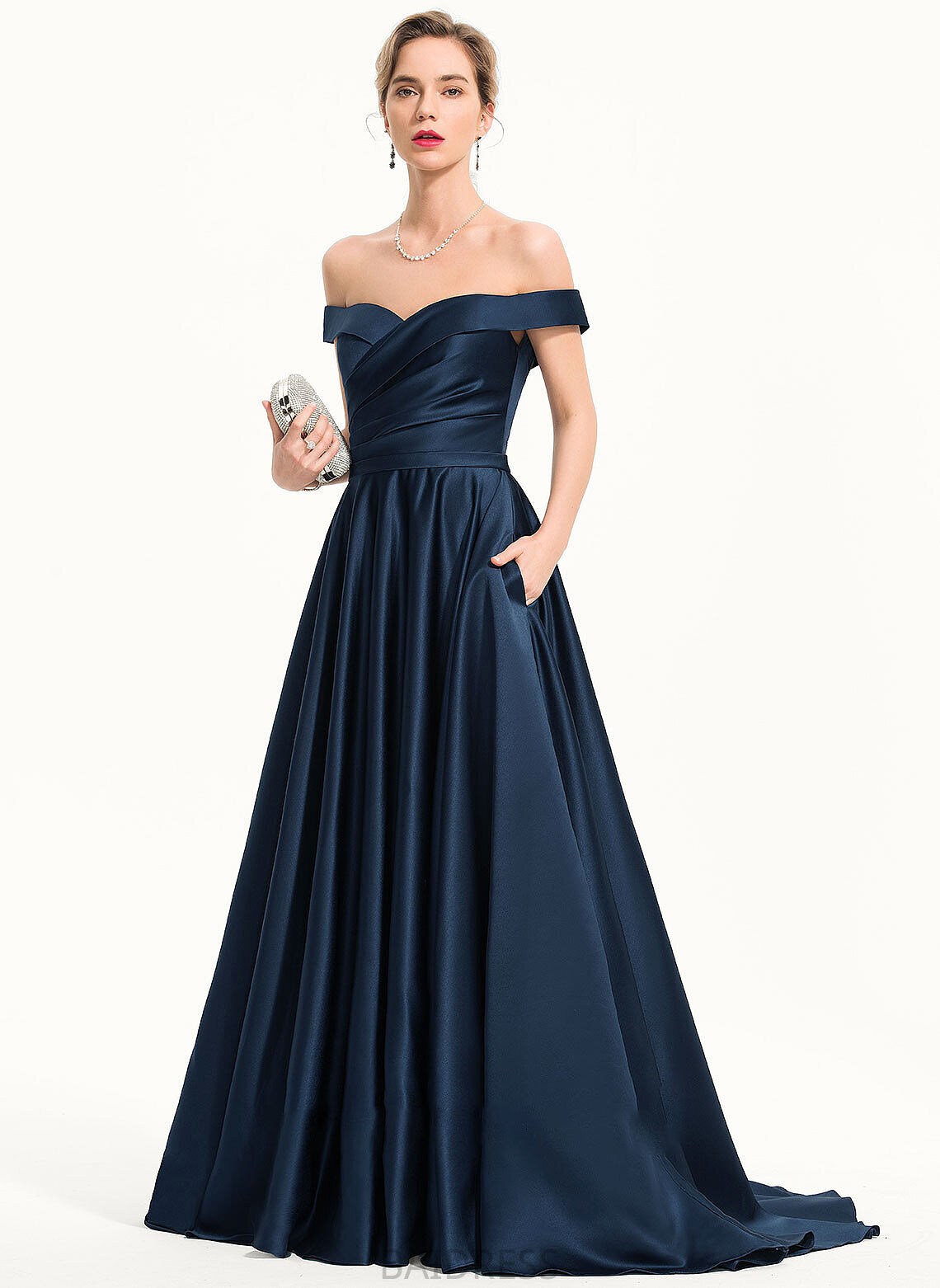 Prom Dresses Sweep A-Line Train Pockets Satin Off-the-Shoulder Diana With