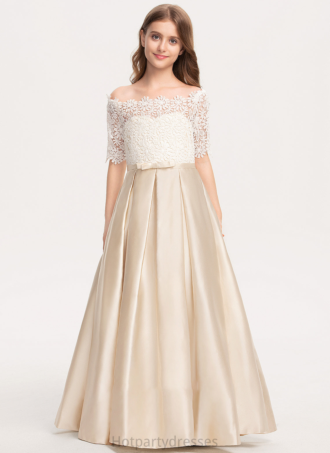 Satin Lace Ball-Gown/Princess Floor-Length Perla Junior Bridesmaid Dresses Pockets With Off-the-Shoulder Bow(s)