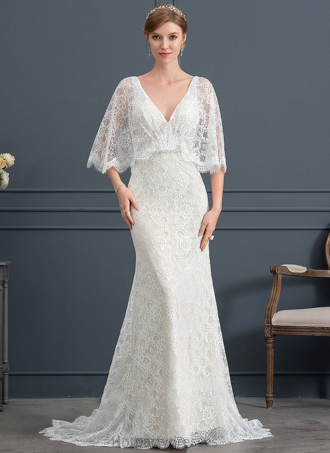 Dress V-neck Train Claire With Beading Lace Wedding Dresses Wedding Trumpet/Mermaid Sweep Sequins