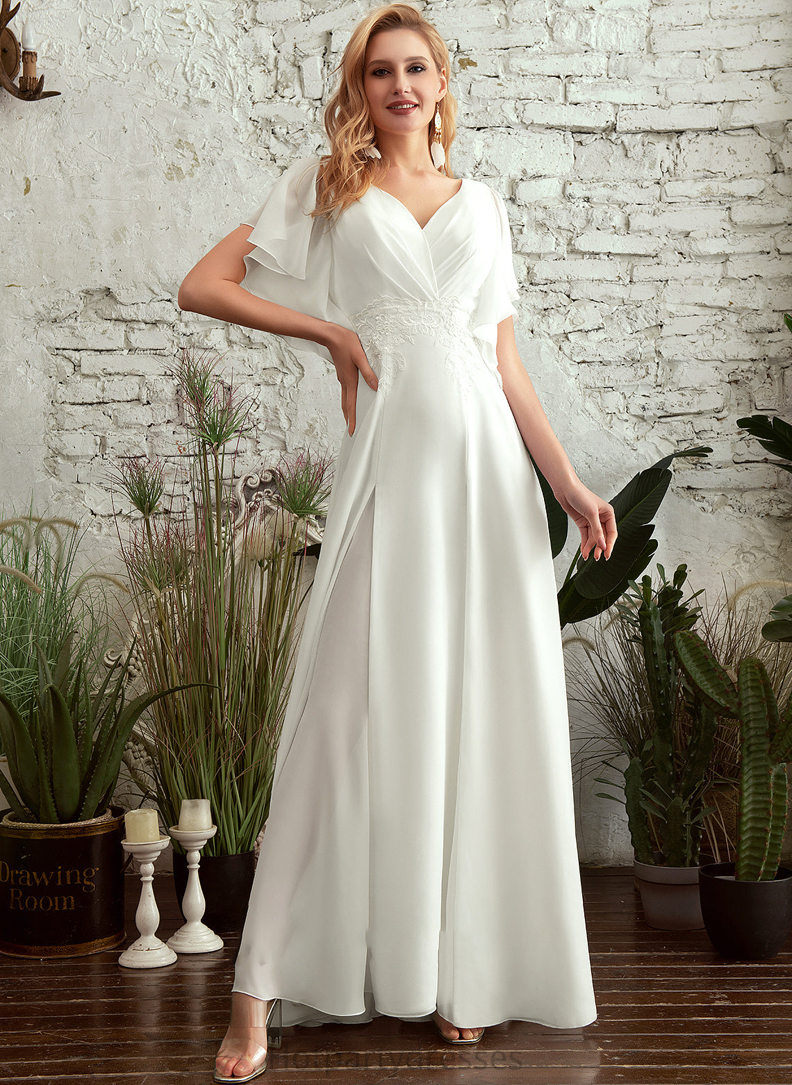 Emmalee V-neck Floor-Length Dress Wedding With A-Line Wedding Dresses Front Lace Split