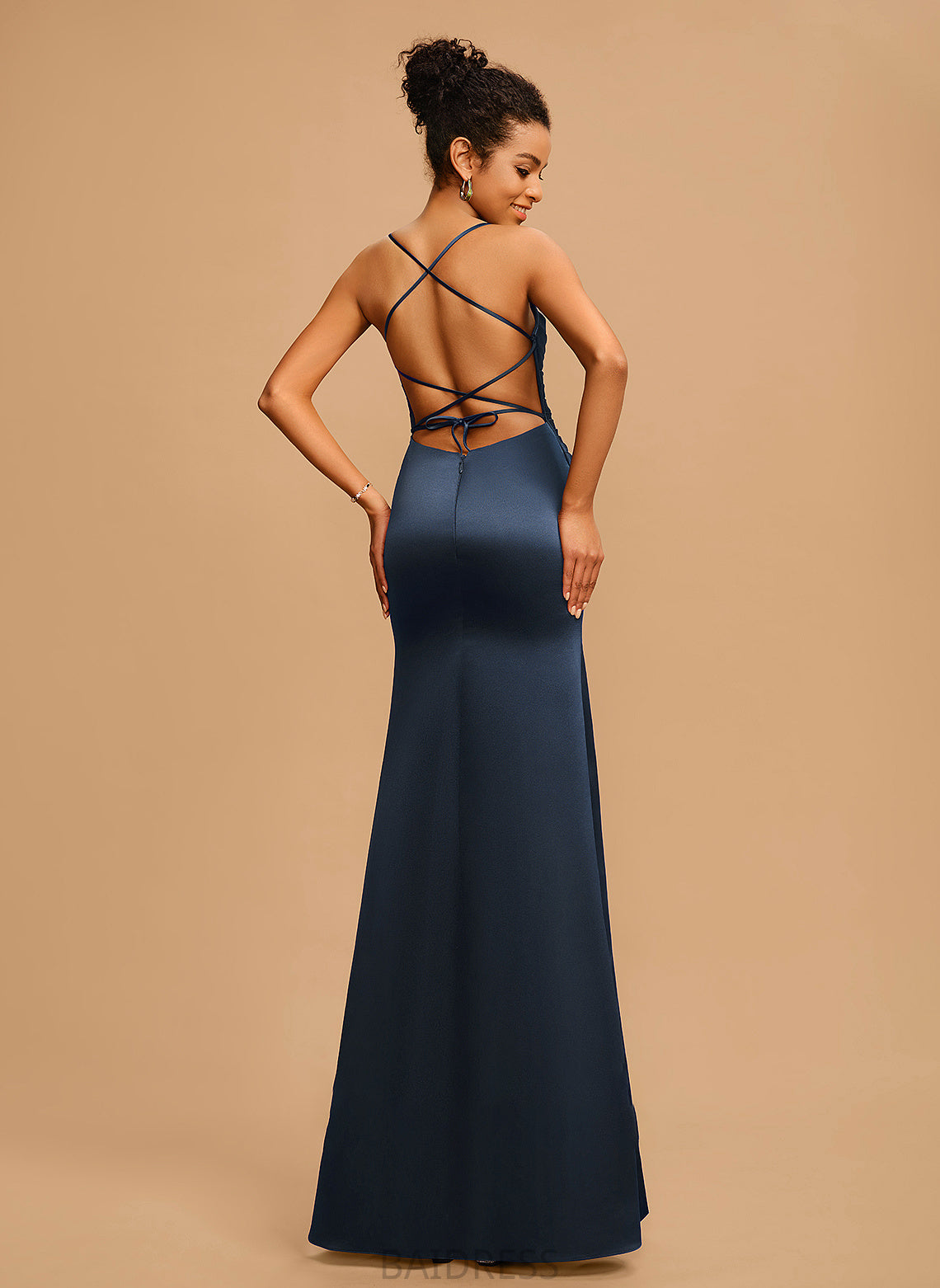 Satin Prom Dresses Sheath/Column Pleated Tamia V-neck Floor-Length With
