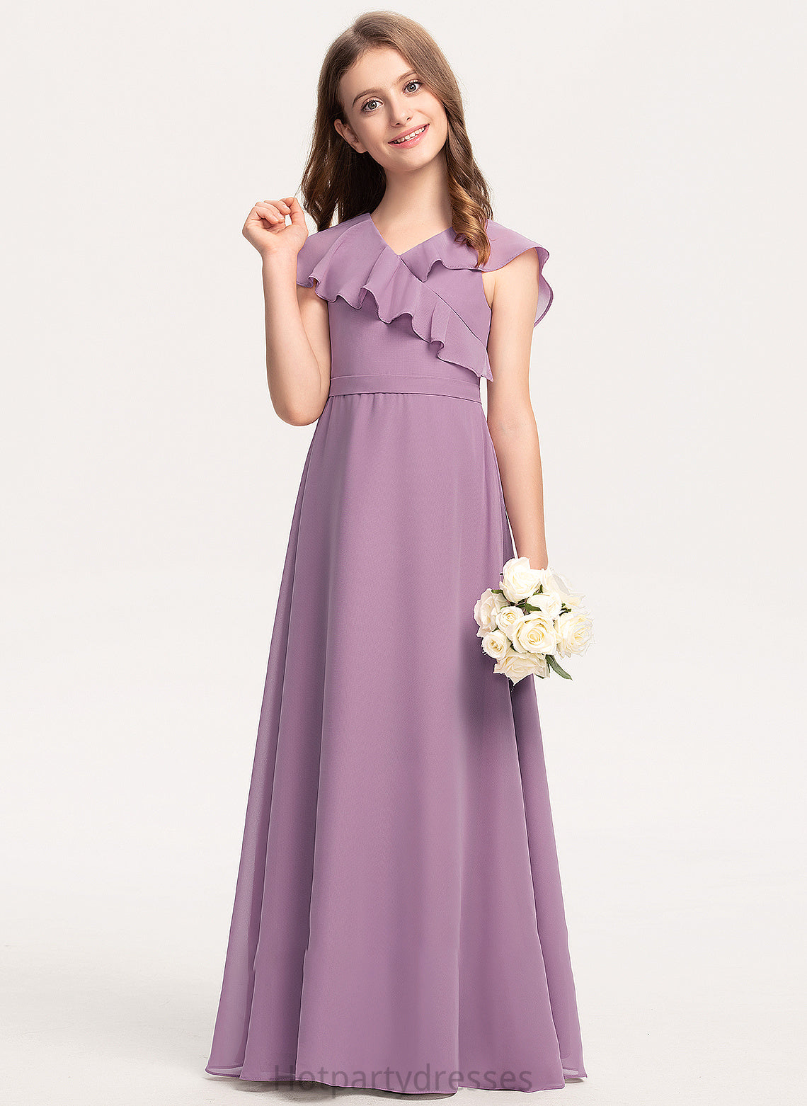 Bow(s) Brisa Chiffon V-neck Ruffles A-Line Junior Bridesmaid Dresses Floor-Length With Cascading