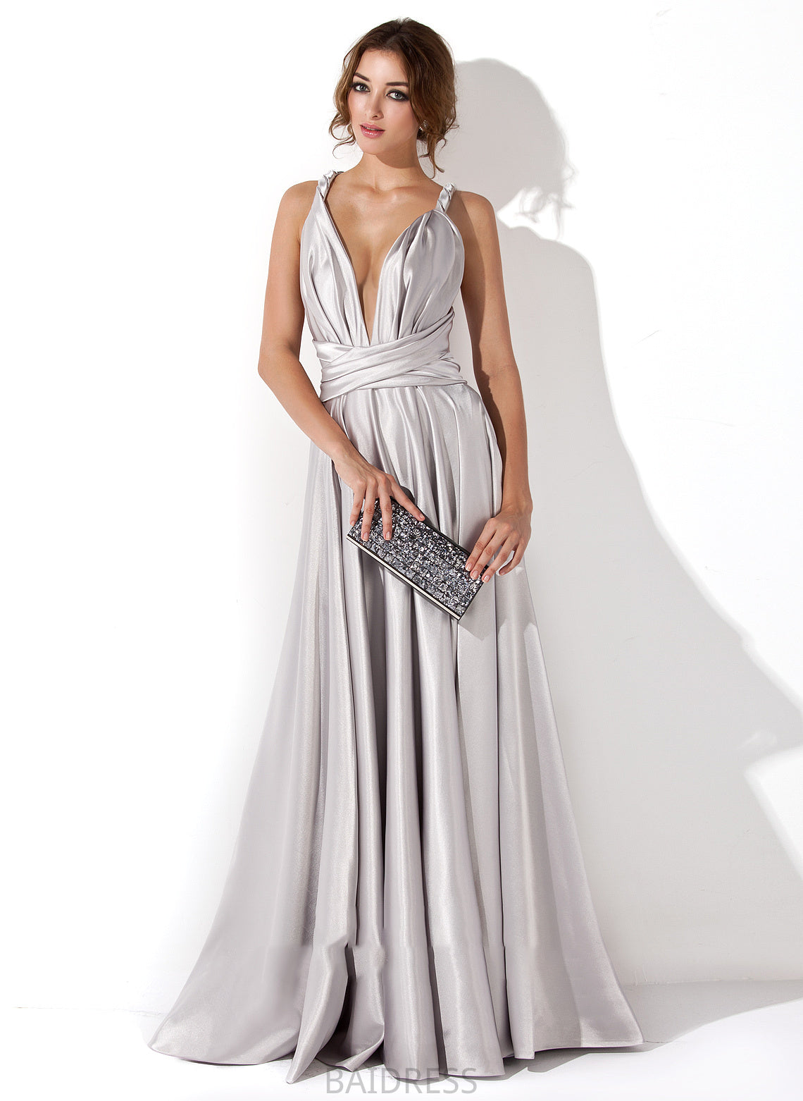 Floor-Length V-neck Ruffle With Prom Dresses Rachael Charmeuse A-Line