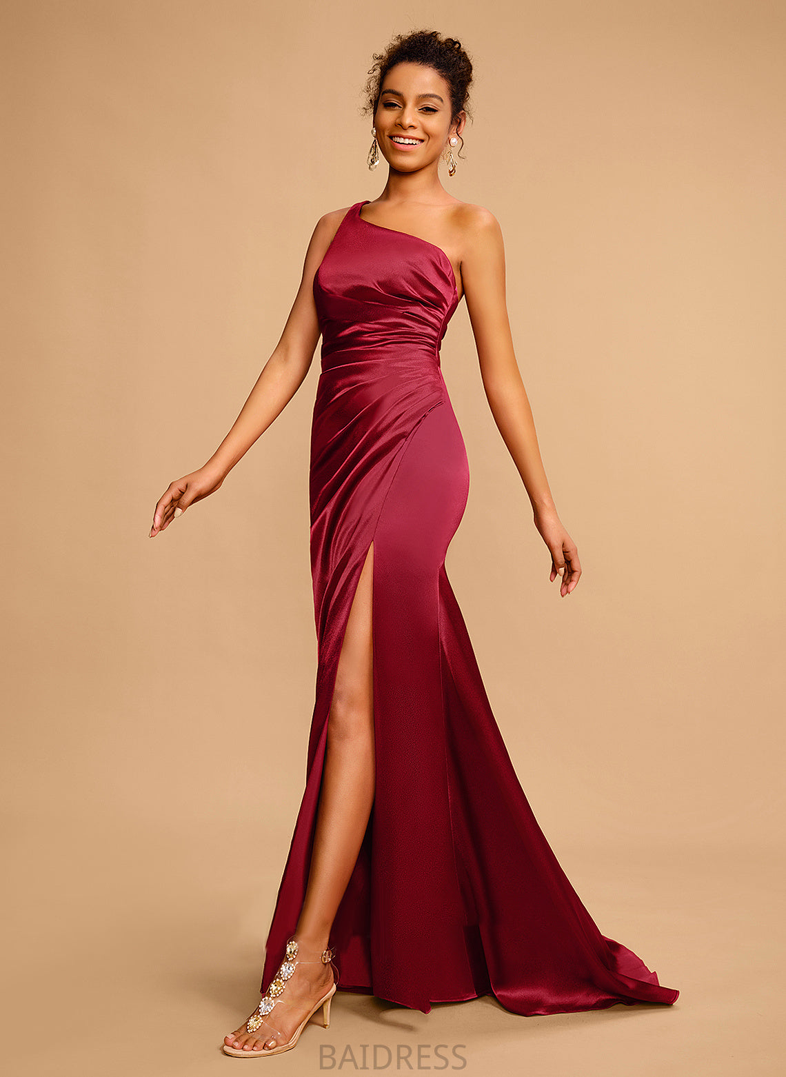 Amy Prom Dresses Sheath/Column Split Train With Front Satin One-Shoulder Pleated Sweep