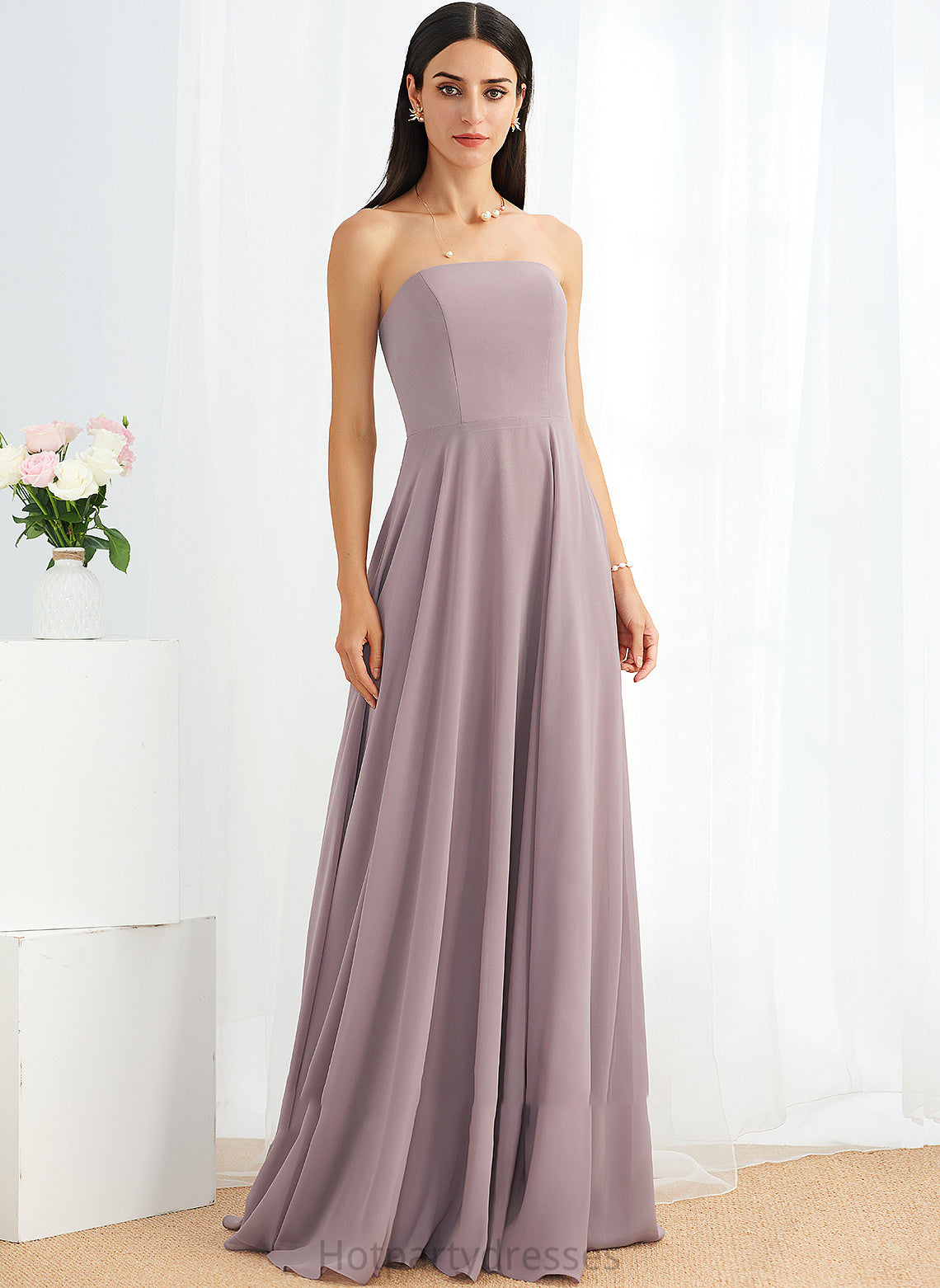 Silhouette Length Strapless Floor-Length Embellishment SplitFront Neckline Fabric A-Line Cecelia A-Line/Princess Tea Length Bridesmaid Dresses