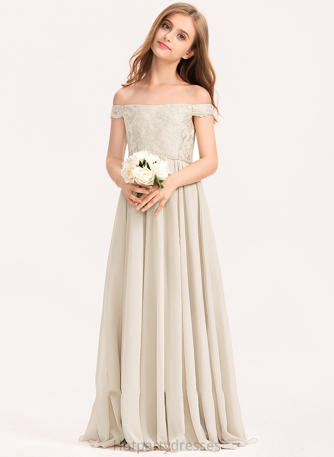 Floor-Length Lace A-Line Junior Bridesmaid Dresses Piper Chiffon Off-the-Shoulder