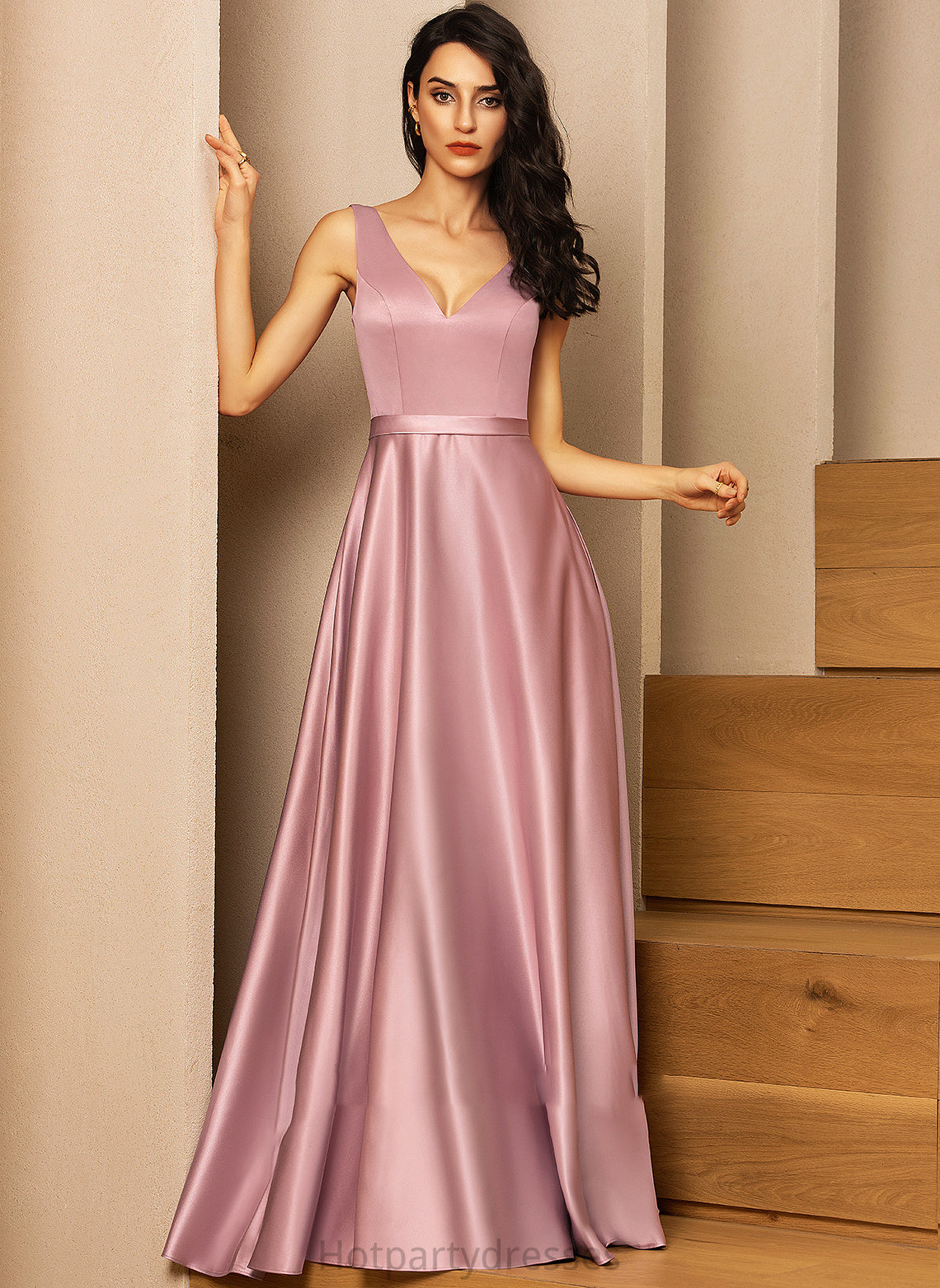 Floor-Length V-neck Fabric Embellishment Pockets Satin Straps Neckline Length Heidy A-Line/Princess V-Neck Bridesmaid Dresses