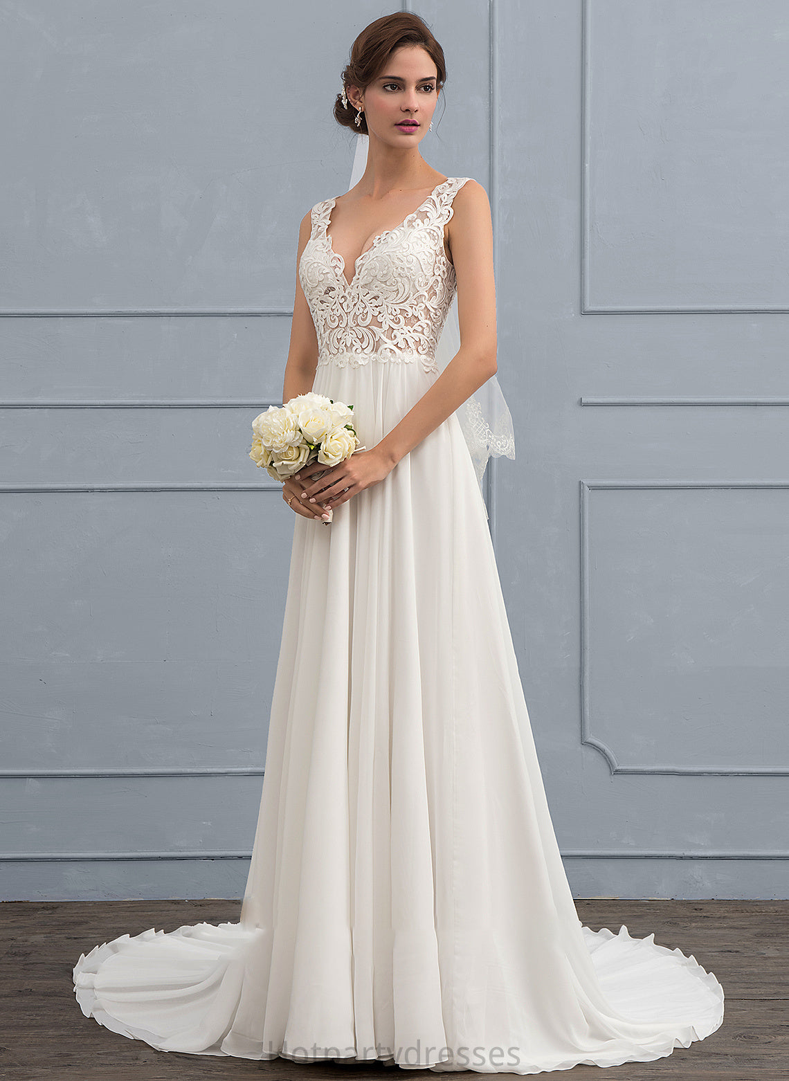 Elsa V-neck A-Line Chiffon Wedding Dresses Court Dress Wedding Train