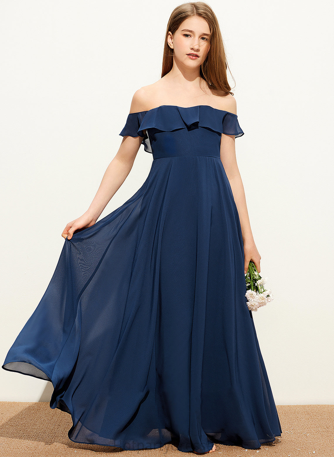 Chiffon Floor-Length Off-the-Shoulder A-Line Junior Bridesmaid Dresses Carlie